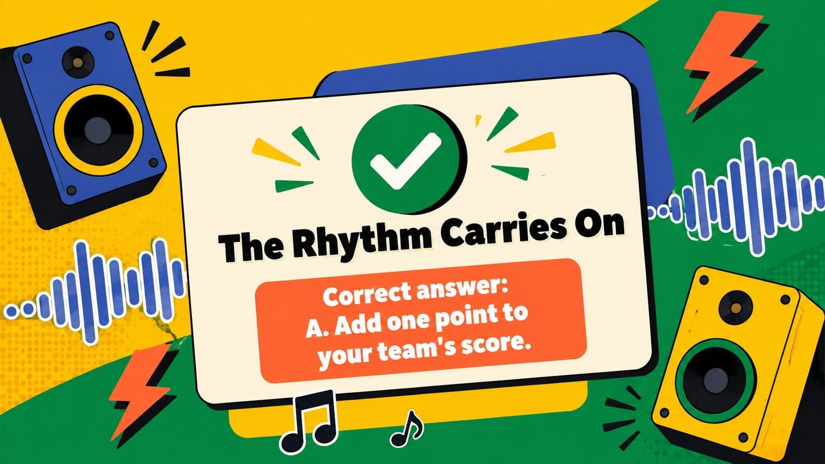 Lyric answer reveal for a lively pop culture music trivia presentation.