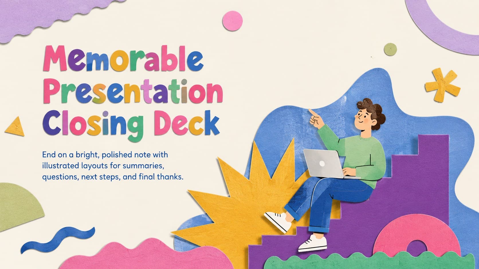 Colorful cover for the Memorable Presentation Closing Deck with playful illustrations and bold expressive typography.