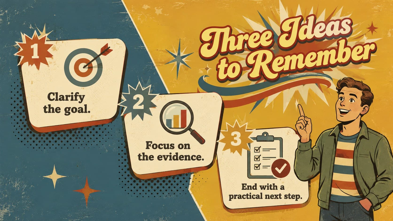 Illustrated presentation recap slide organizing three key takeaways in a bright multicolored layout.