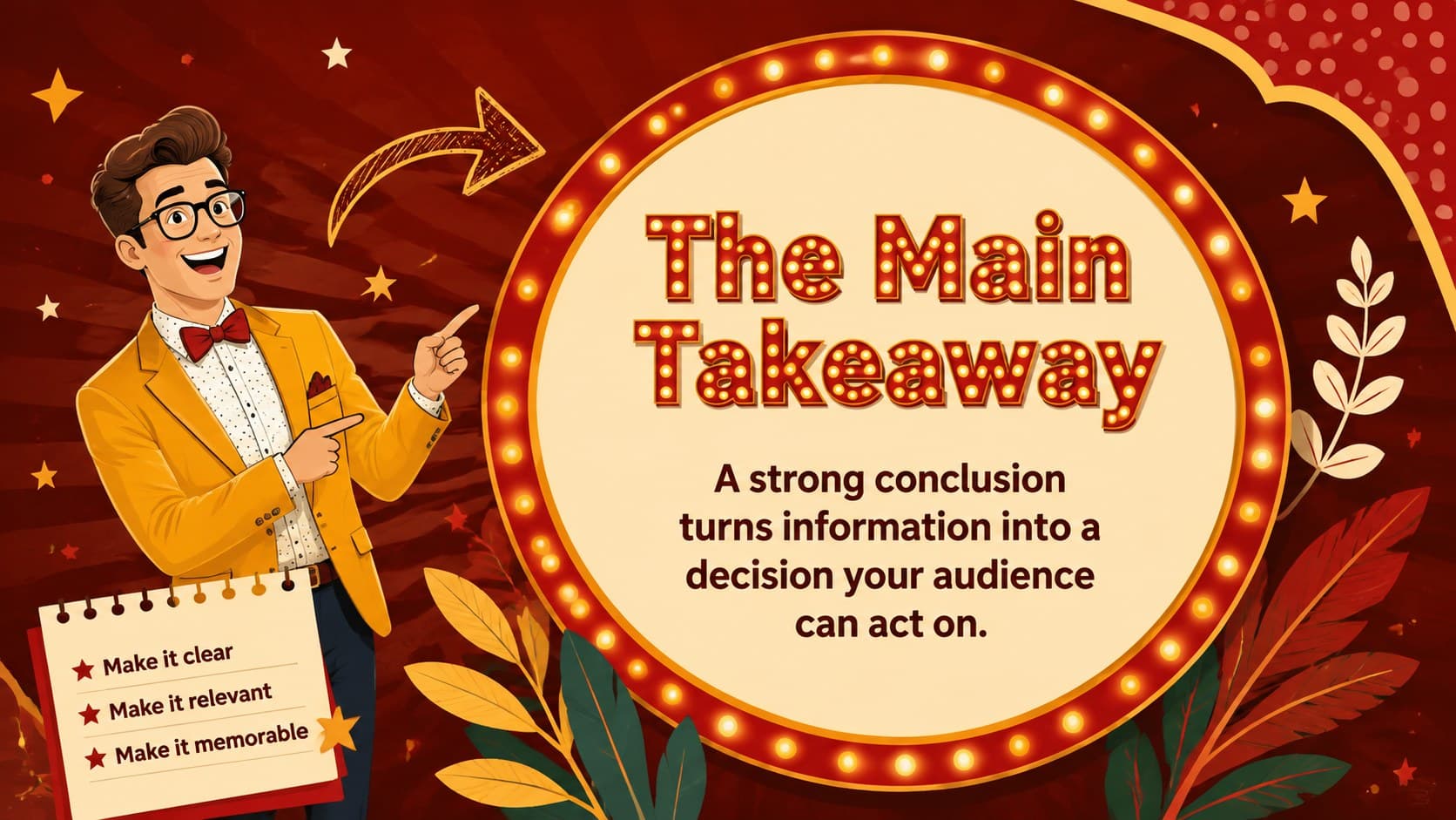 Creative key takeaway slide with a bold central message and colorful illustrated accents.