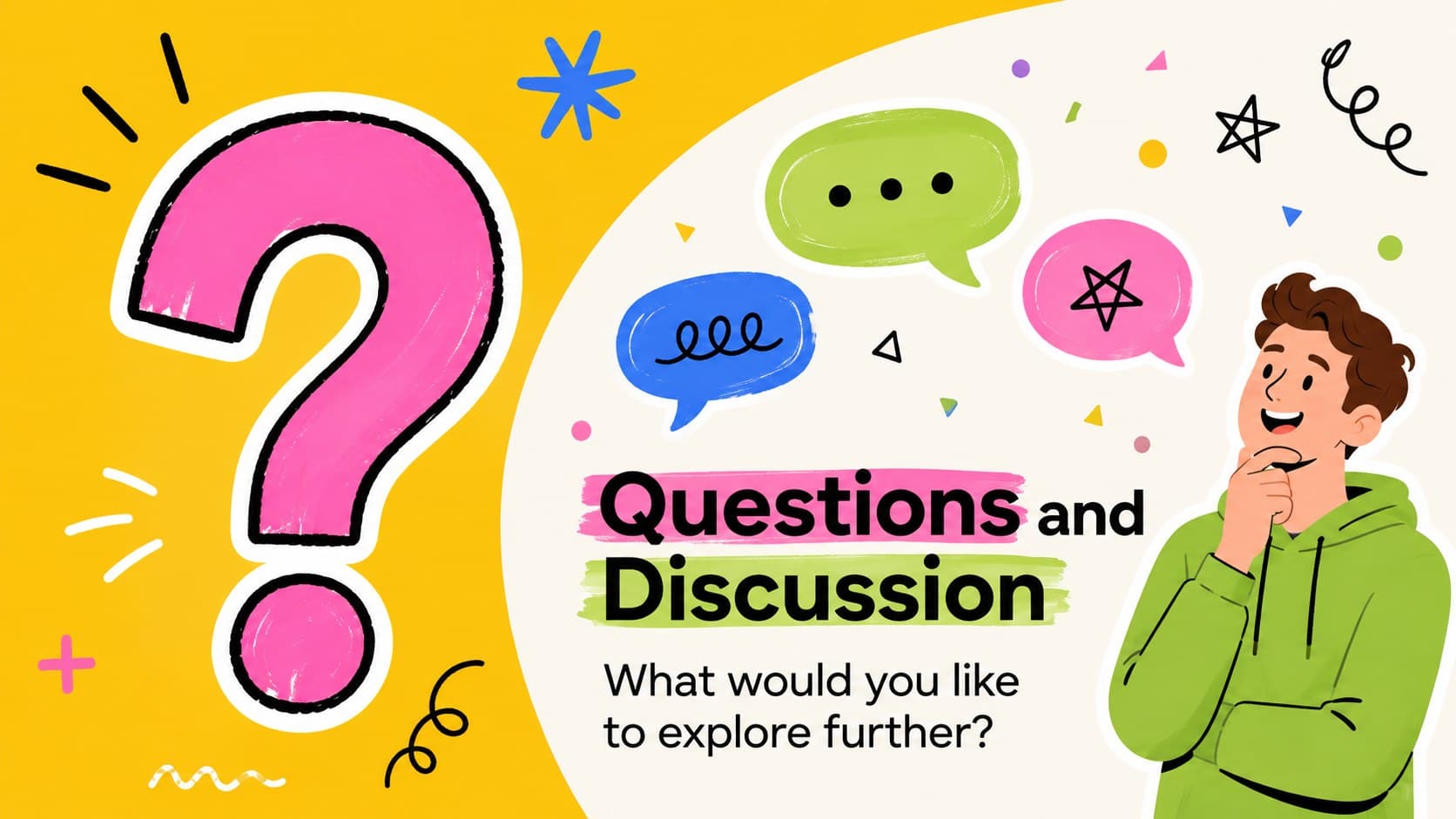 Playful question and answer slide inviting audience discussion with vivid illustrated speech shapes.