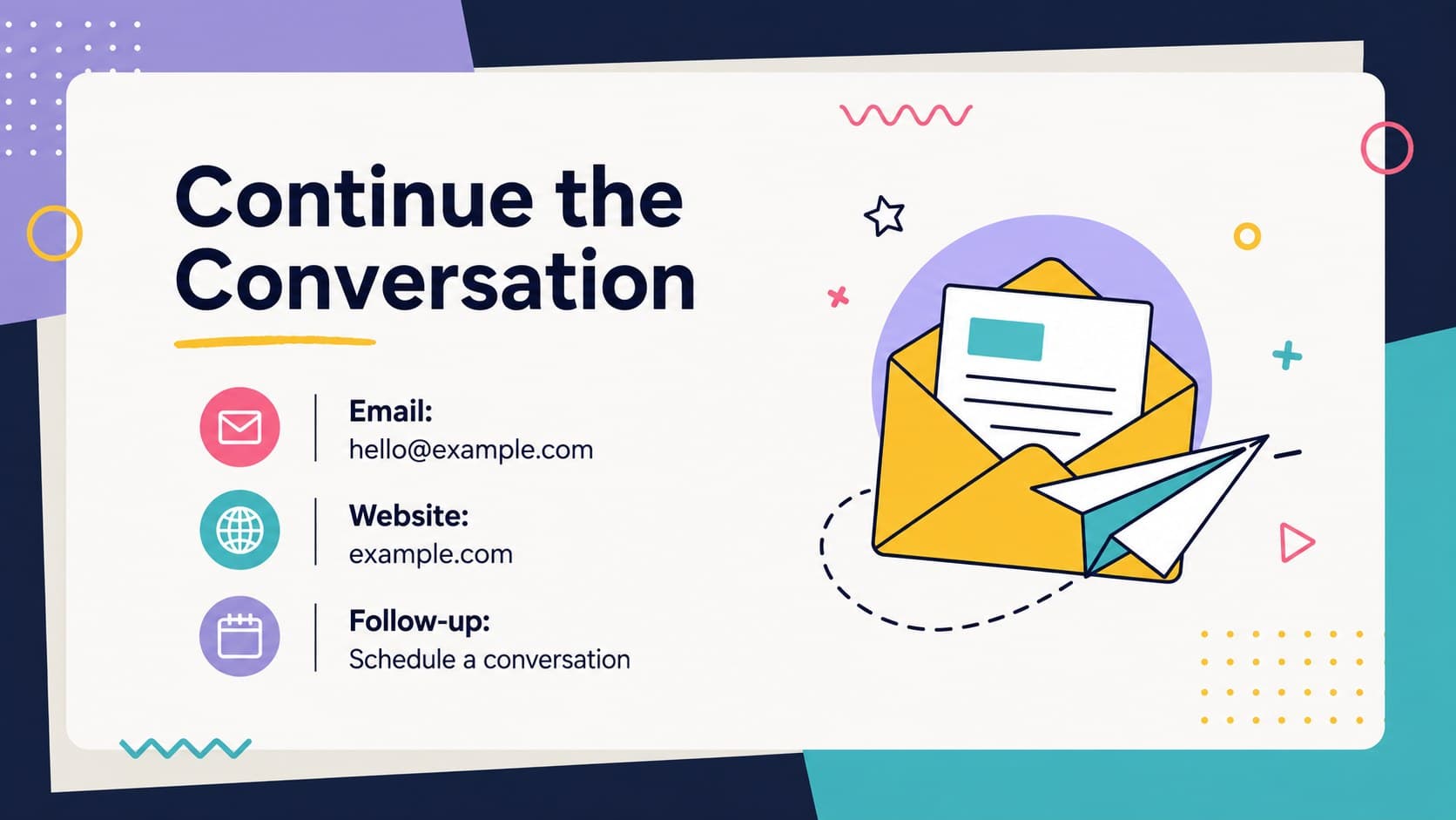 Illustrated contact slide for a presentation closing deck with editable email, website, and follow-up details.