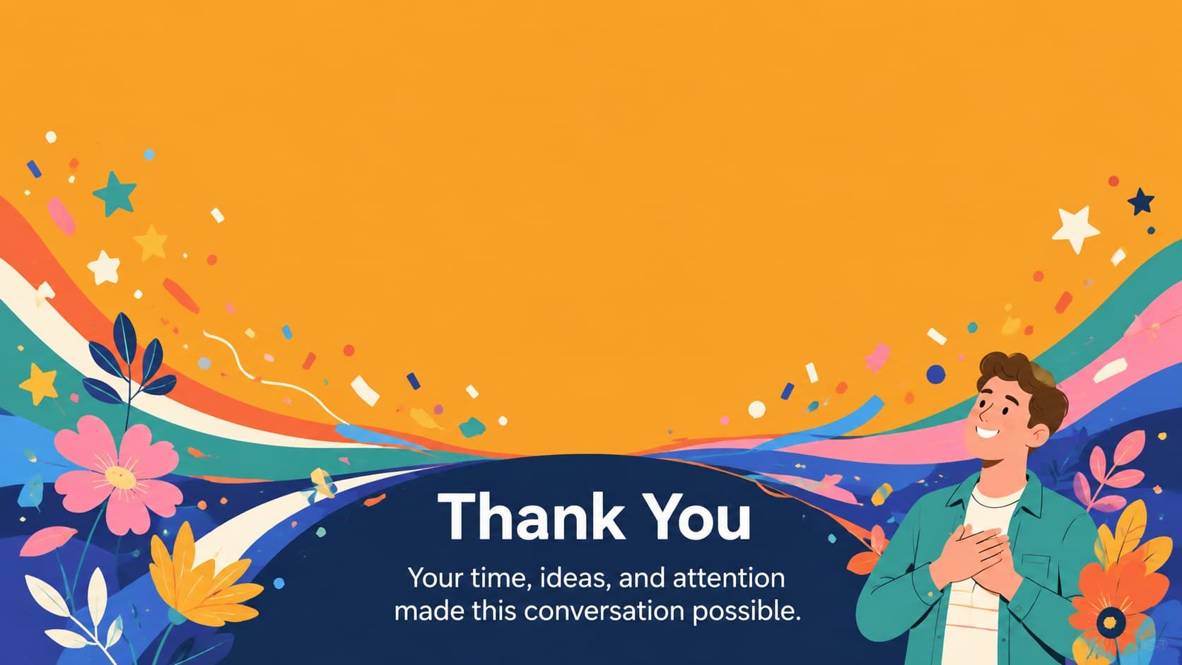 Bright final thank-you slide with a concise closing message and original celebratory illustrations.