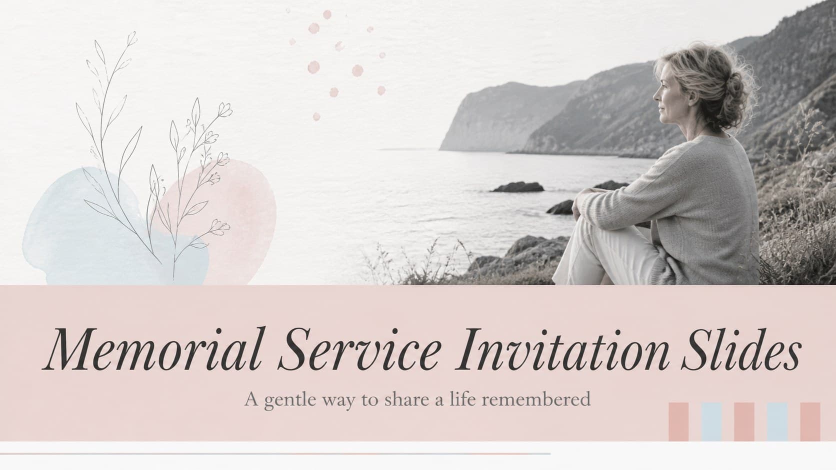 Cover slide for memorial service invitation slides with a refined portrait area and soft pastel accents.