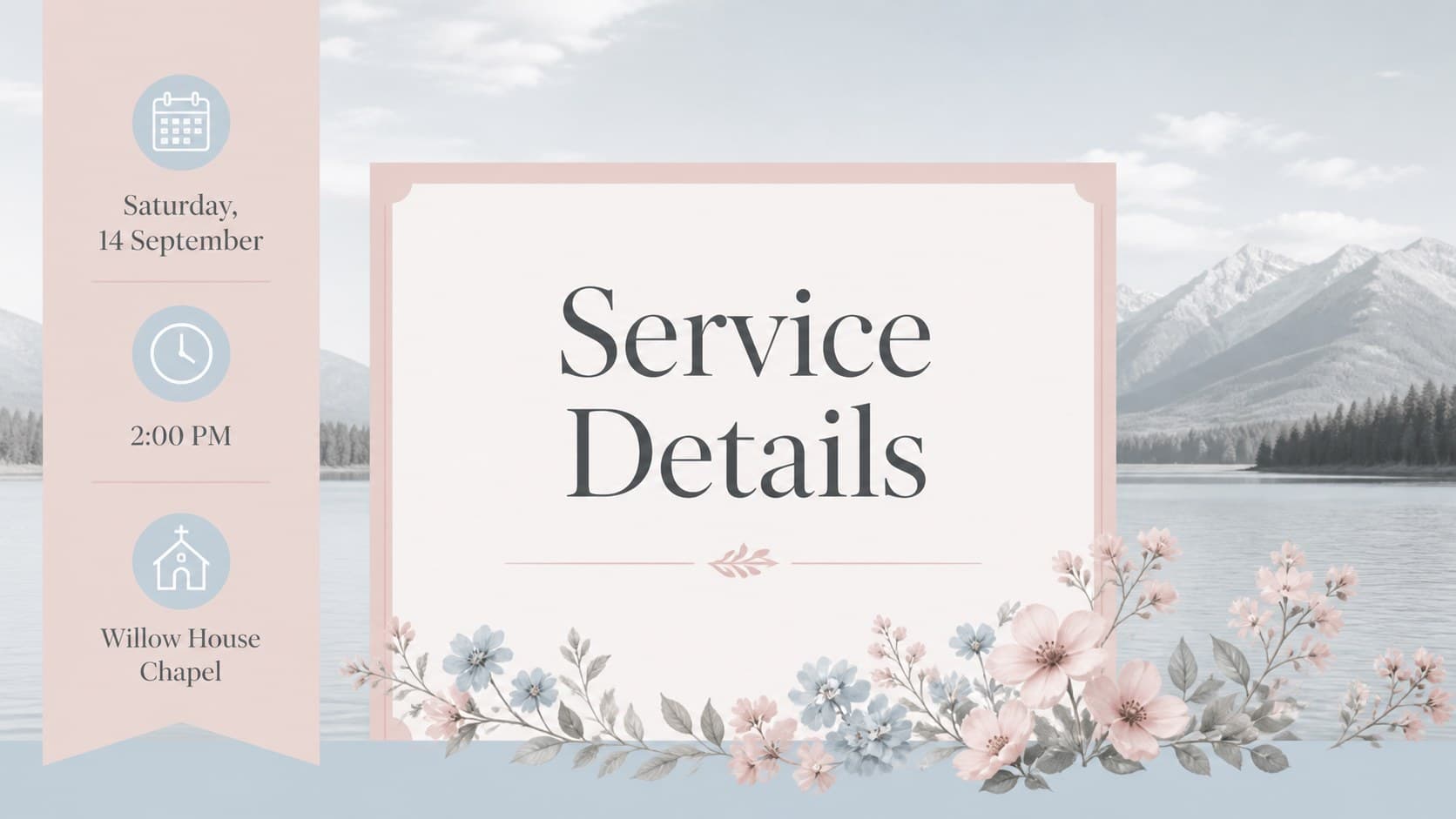 Memorial invitation details slide showing the date, time, and venue in an elegant pastel layout.