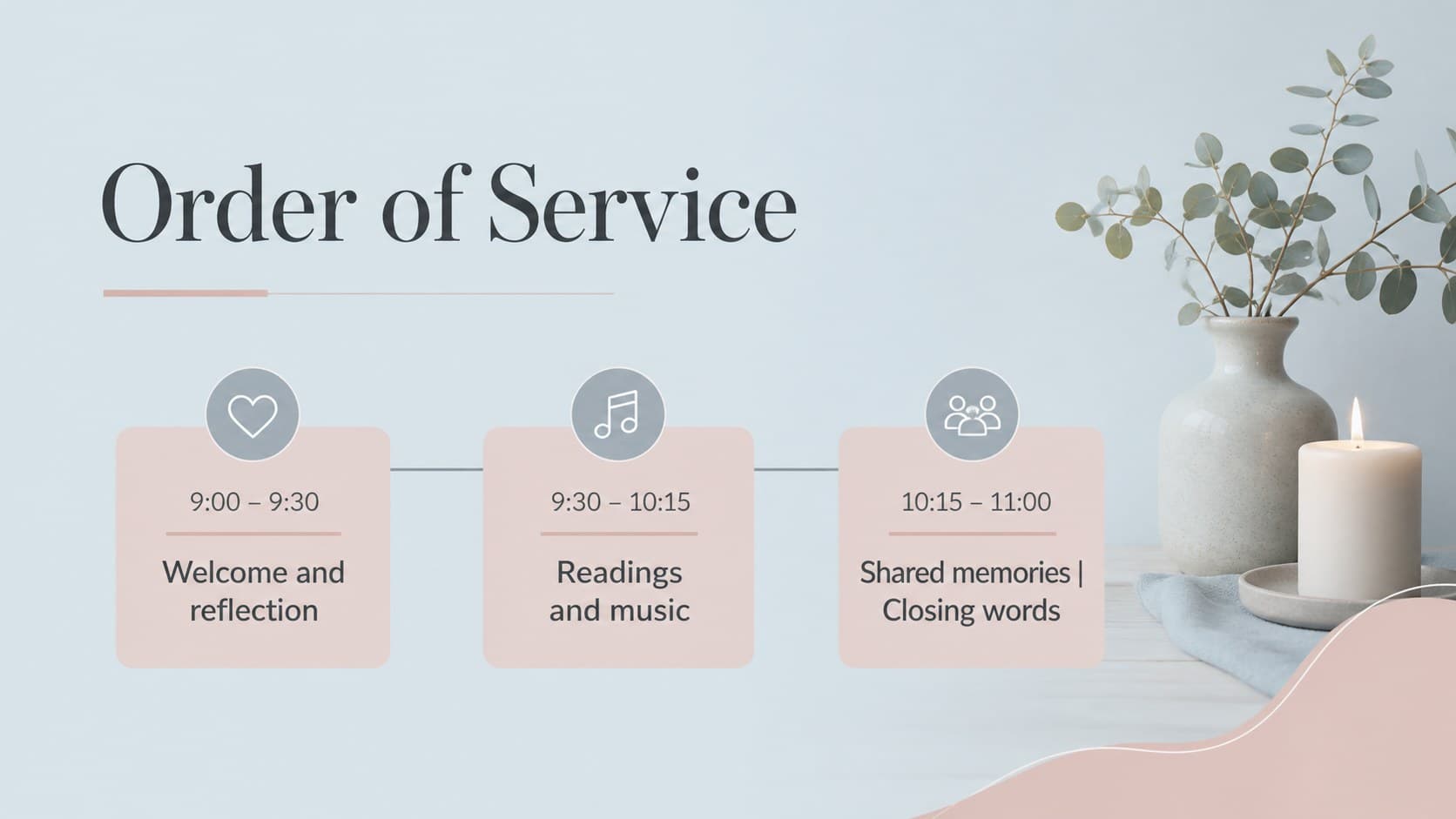 Funeral service details presentation slide with an orderly schedule and soft pink divider lines.