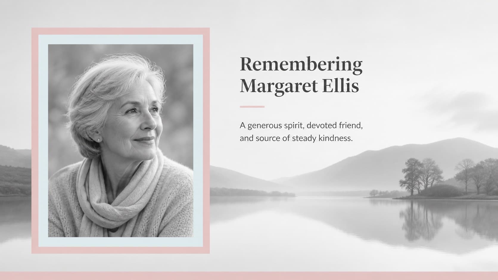 Remembrance presentation slide introducing a person's story beside an editable portrait frame.