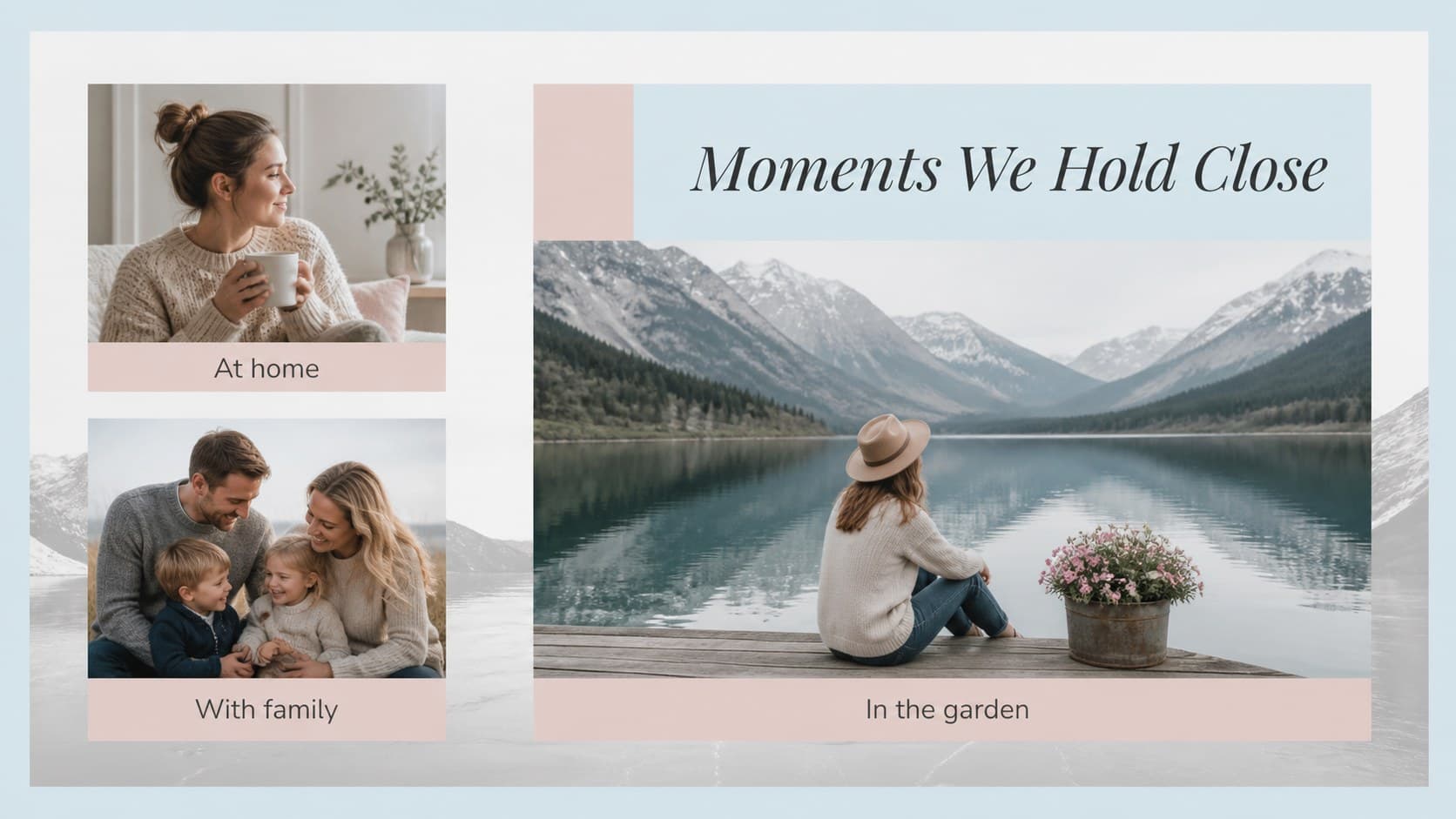 Photo tribute presentation slide with three memory images arranged in an asymmetrical gallery.