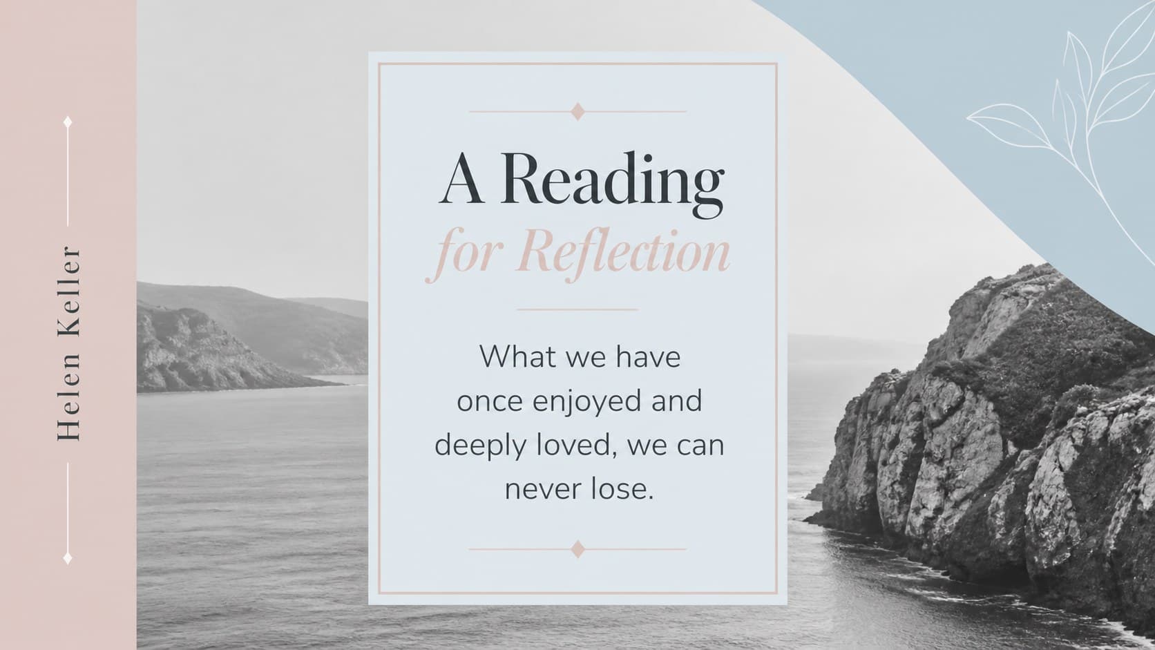 Memorial ceremony announcement slide featuring a selected reading and spacious editorial typography.