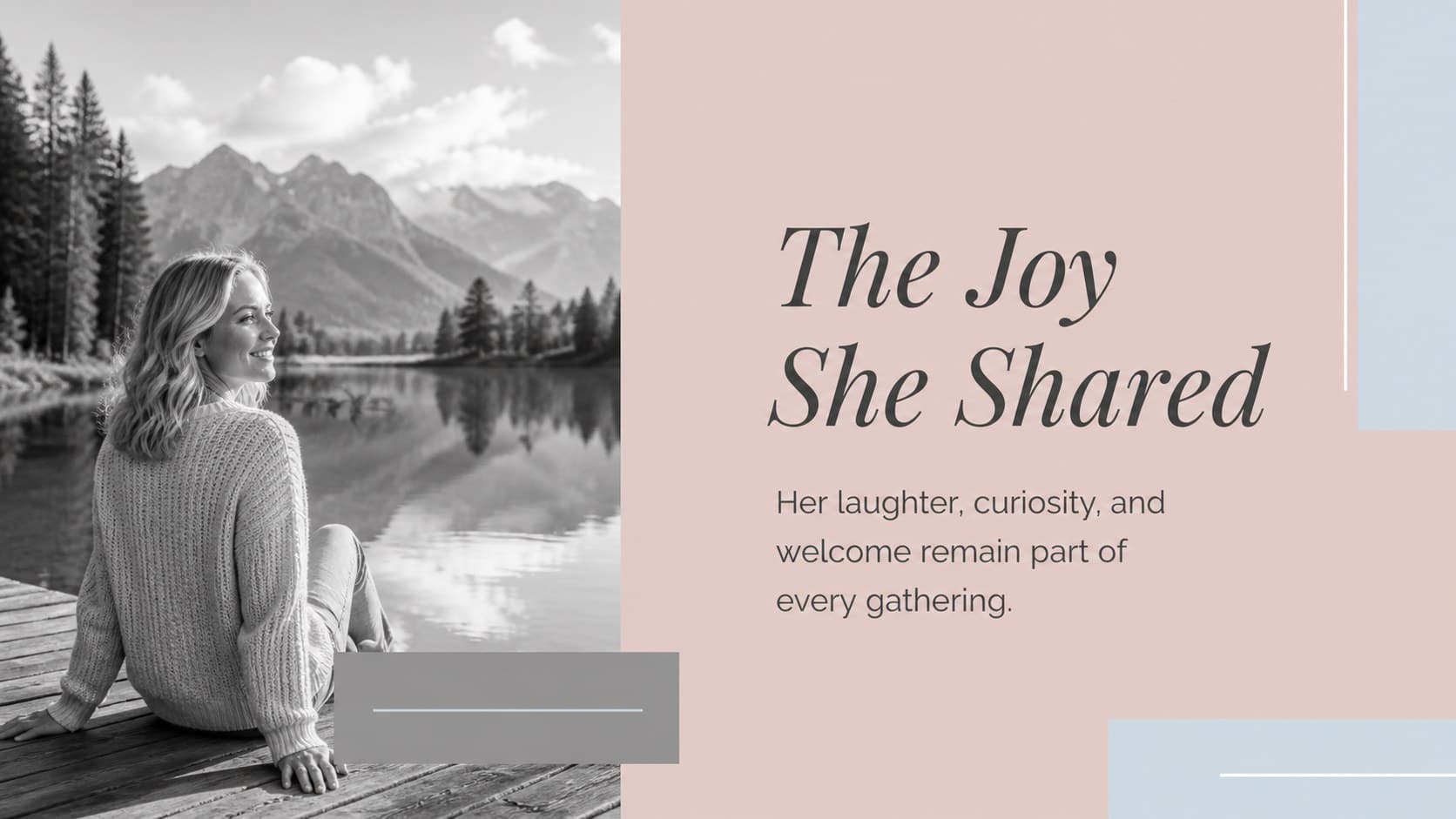 Photo tribute presentation template showing a full-width memory image with a concise caption.
