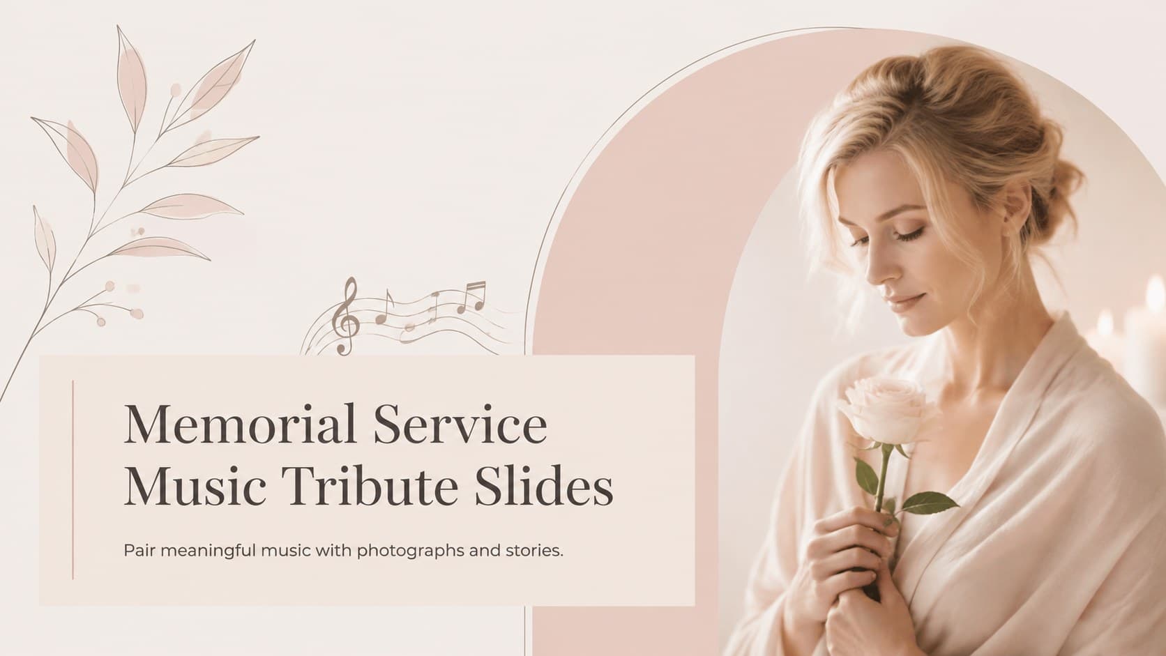 Cover for Memorial Service Music Tribute Slides with elegant beige and pink botanical details.