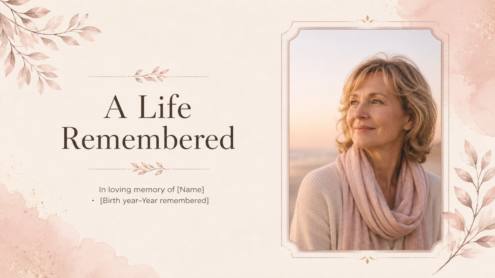 Elegant memorial slideshow dedication slide with a portrait frame, name, and remembrance dates.