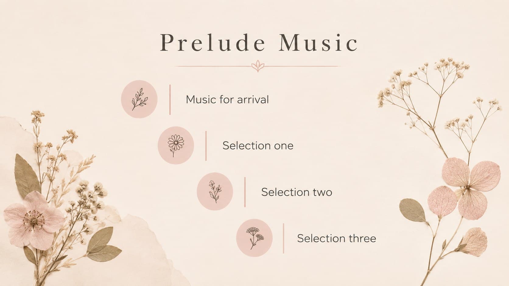 Memorial service music presentation slide introducing gentle prelude selections.