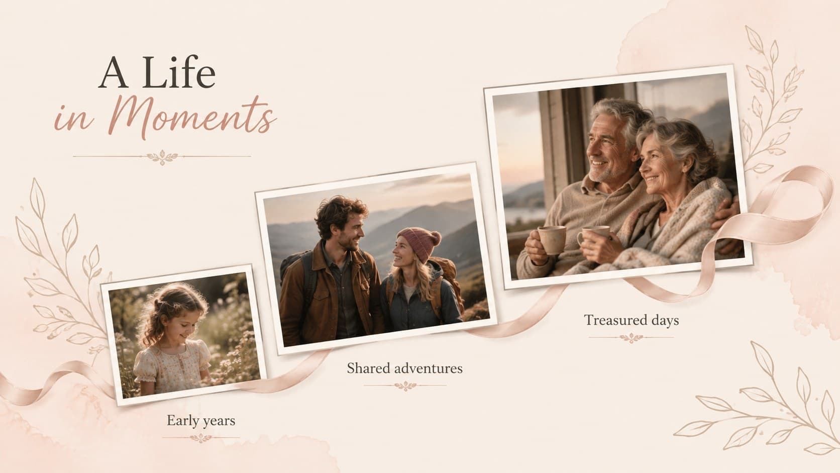 Music and photo memorial deck layout showing three photographs from meaningful life chapters.