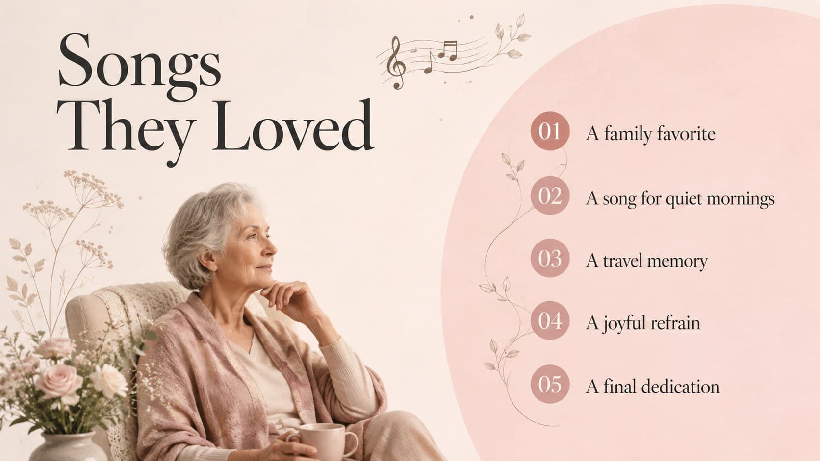 Funeral slideshow song list in an elegant beige and pink numbered layout.