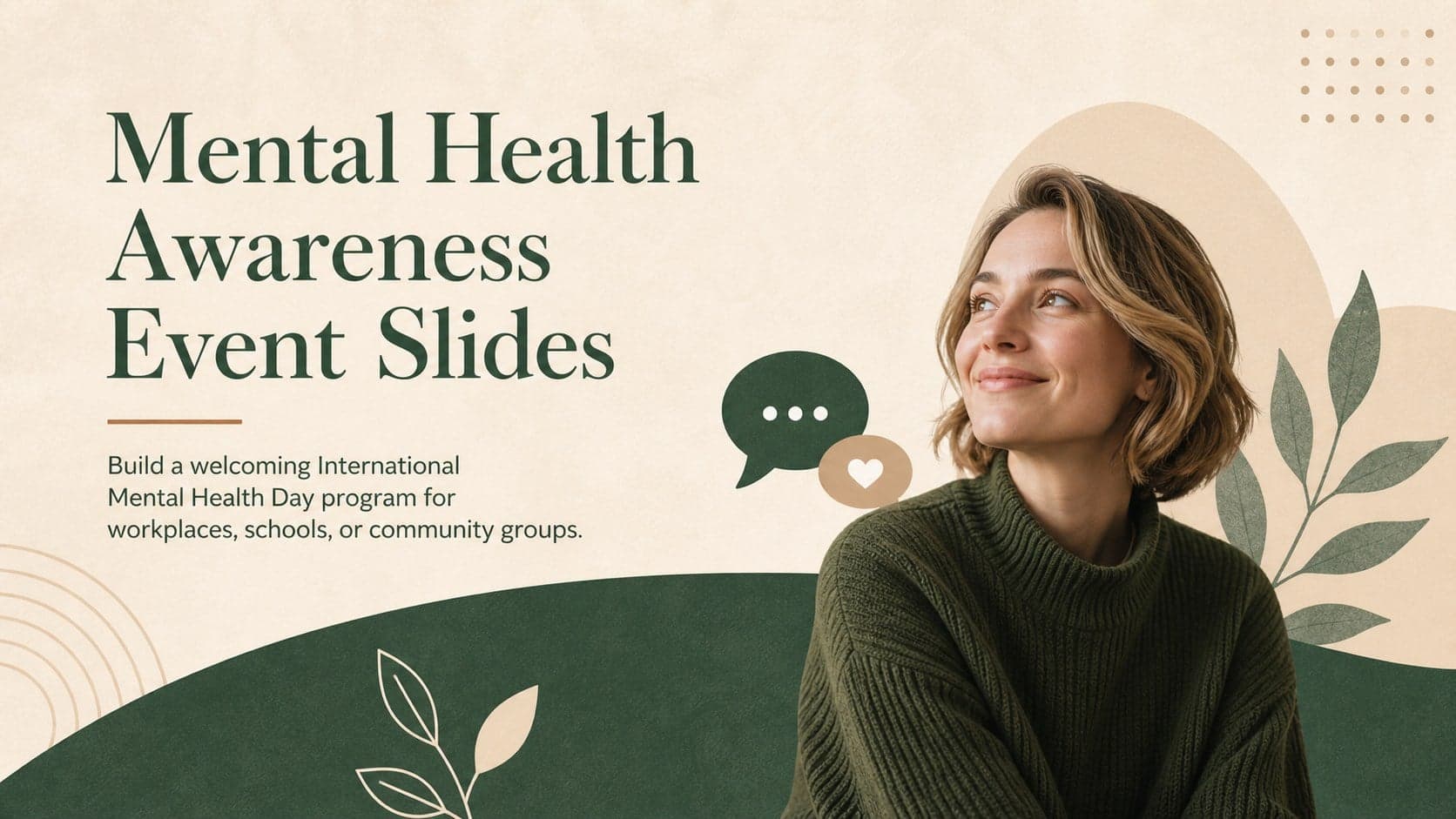 Cover for Mental Health Awareness Event Slides with warm green, beige, and brown editorial styling.