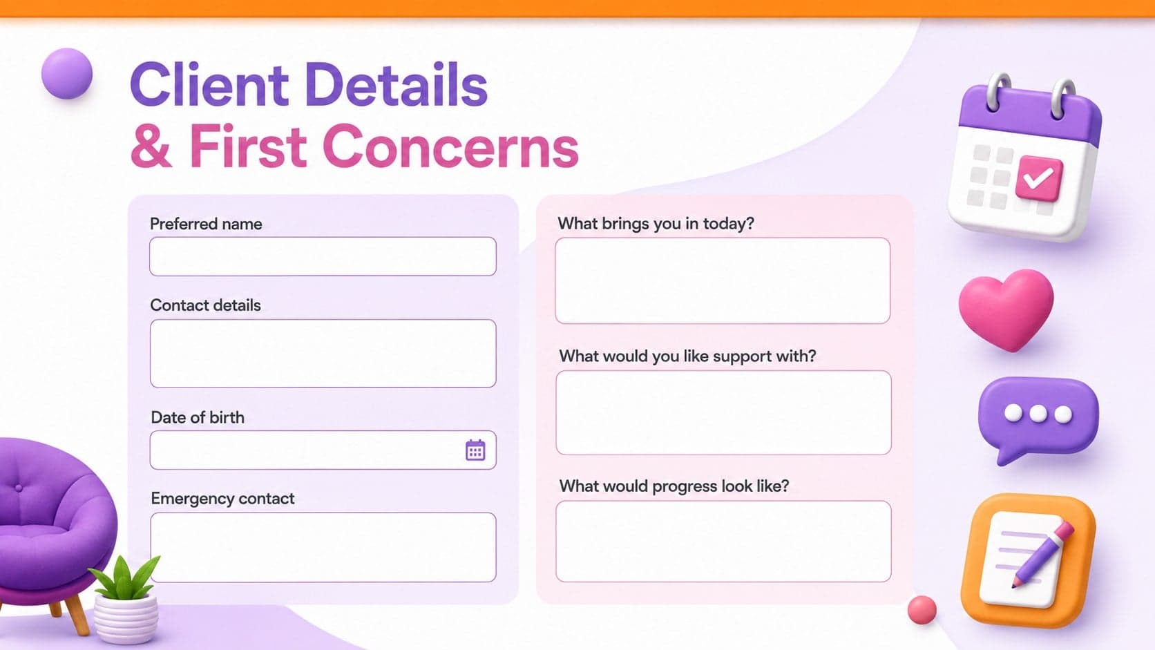 Editable psychotherapy intake questionnaire slide with fields for client details, concerns, goals, and emergency contact information.
