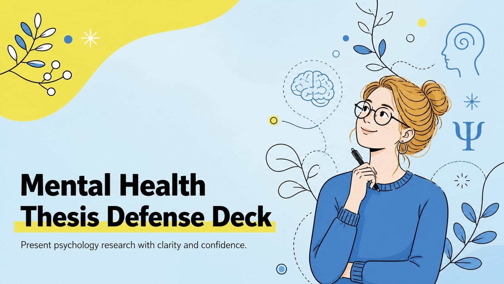 Cover of a mental health thesis defense deck with blue-and-yellow illustrations and an academic subtitle.