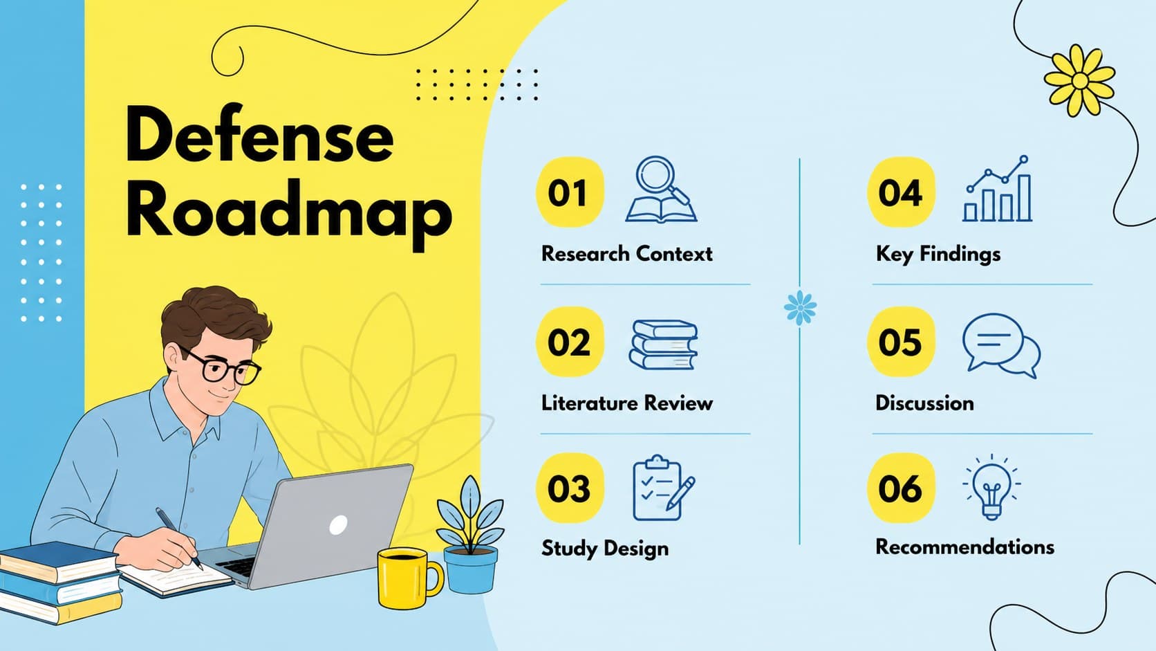 Agenda layout for a psychology research presentation template outlining six stages of a thesis defense.