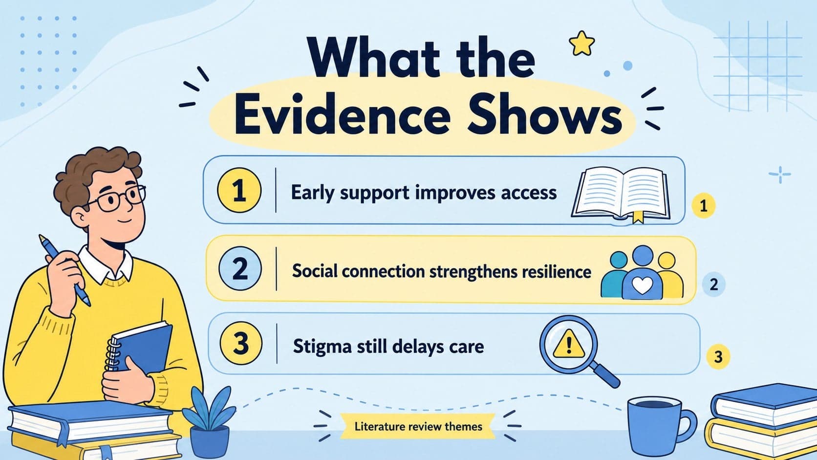 Literature review slide summarizing evidence themes for a behavioral health findings slide deck.