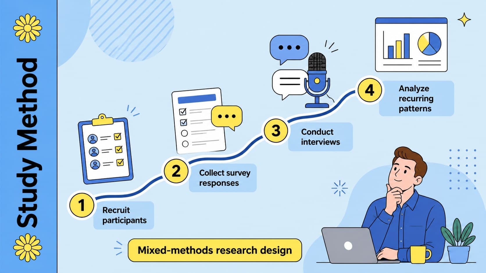 Healthcare thesis methodology slide showing participant recruitment, survey, interview, and analysis stages.