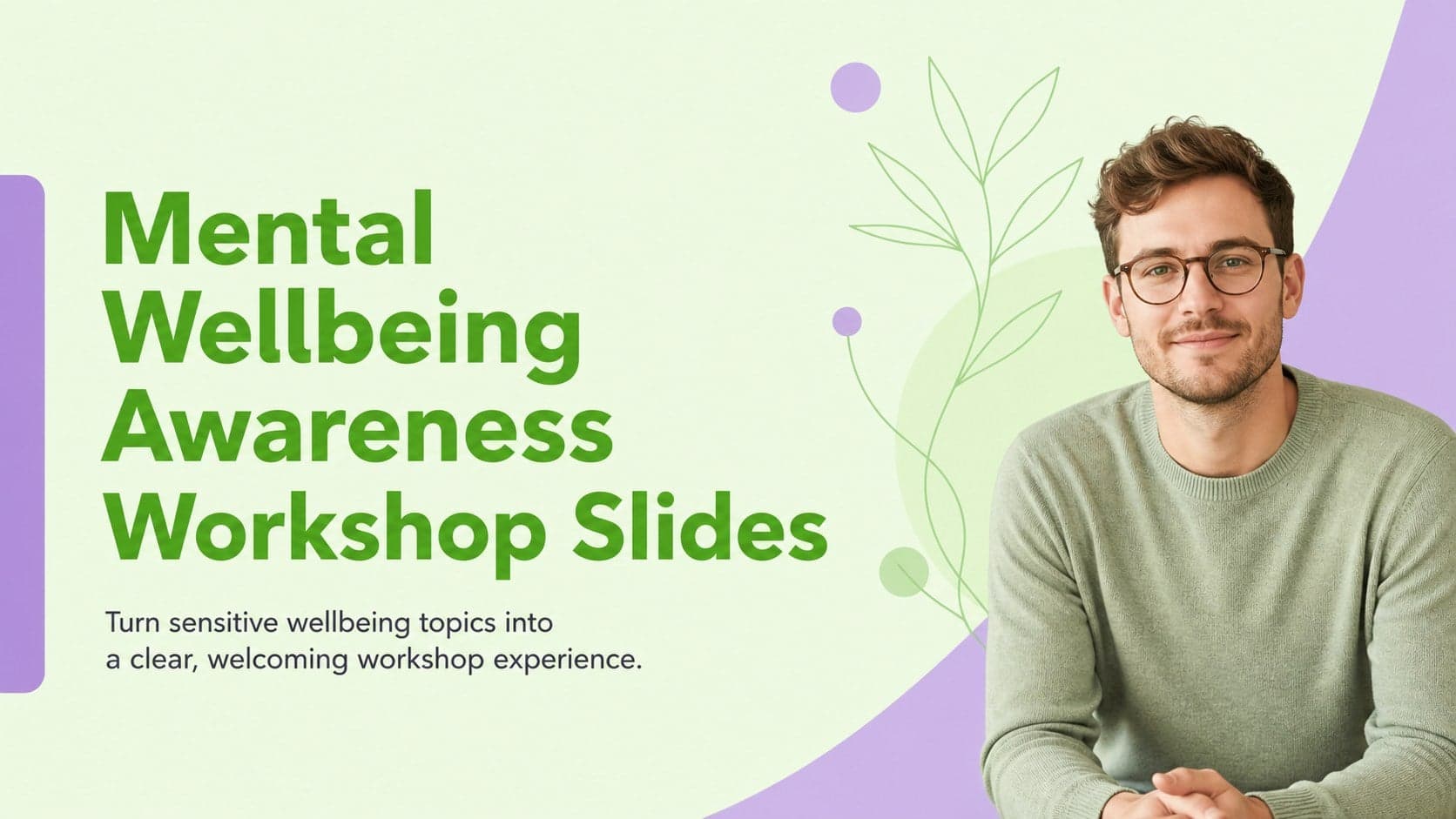 Cover slide for a mental wellbeing workshop with a calm green and violet composition.