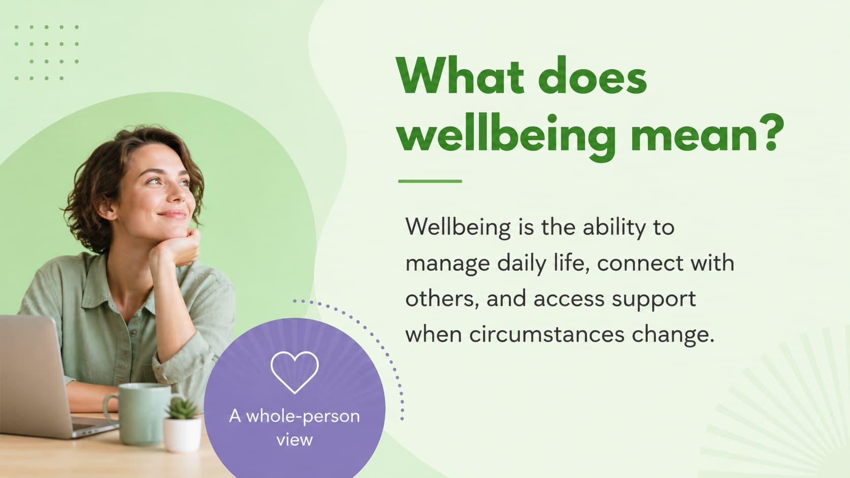 Mental wellbeing definition slide with an editorial text layout and calming color accents.