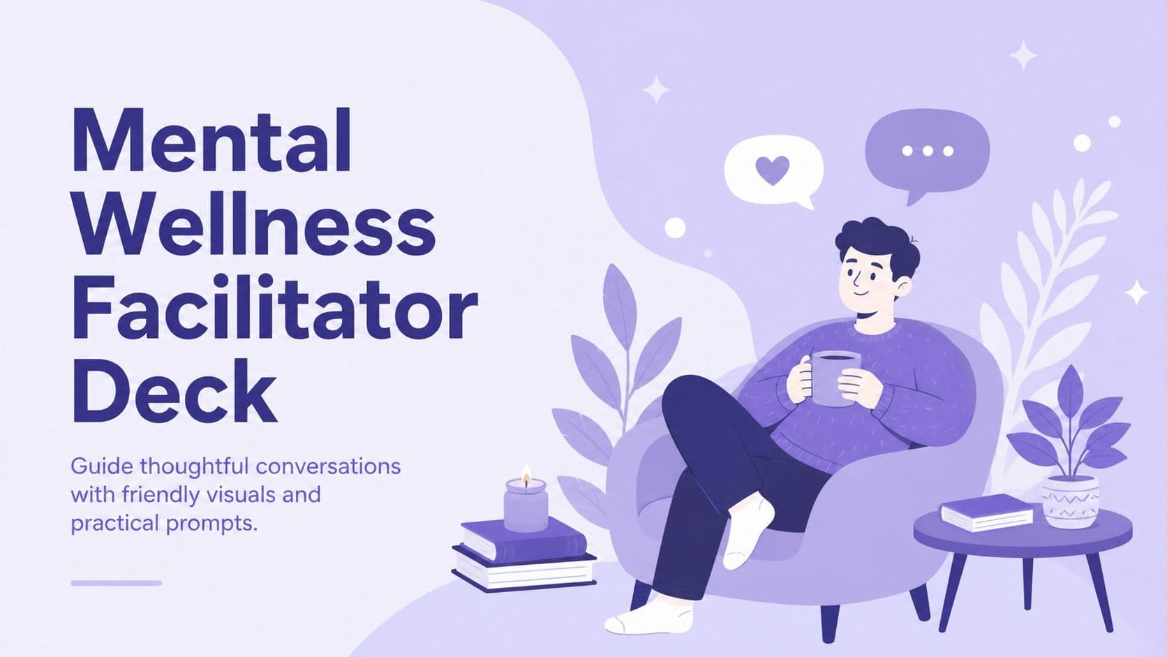Cover of the Mental Wellness Facilitator Deck with pastel purple illustrations and a welcoming workshop subtitle.