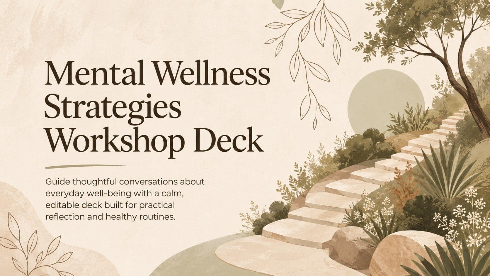 Cover of the Mental Wellness Strategies Workshop Deck in an earthy beige, brown, and green design.