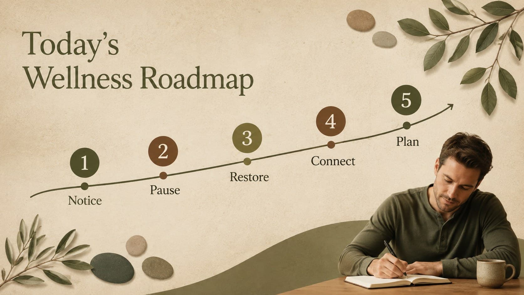 Earth-toned mental wellness workshop presentation agenda with five session topics.