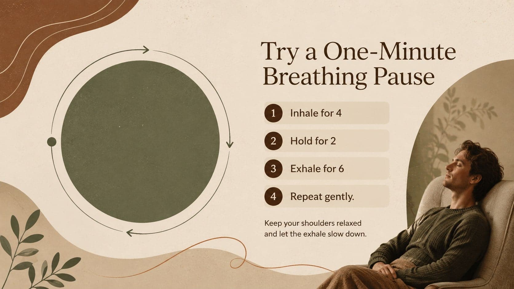 Mindfulness workshop PowerPoint slide demonstrating a four-step breathing pause.