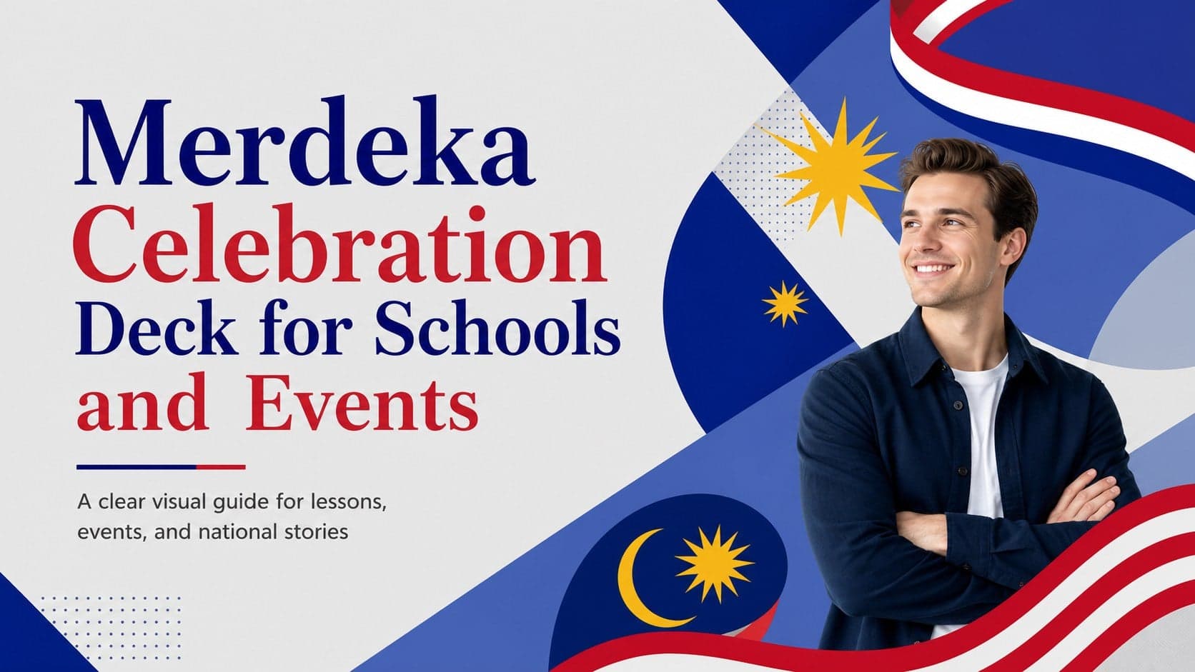 Cover slide for a merdeka celebration deck featuring a modern gray-and-blue Malaysia Independence Day layout.