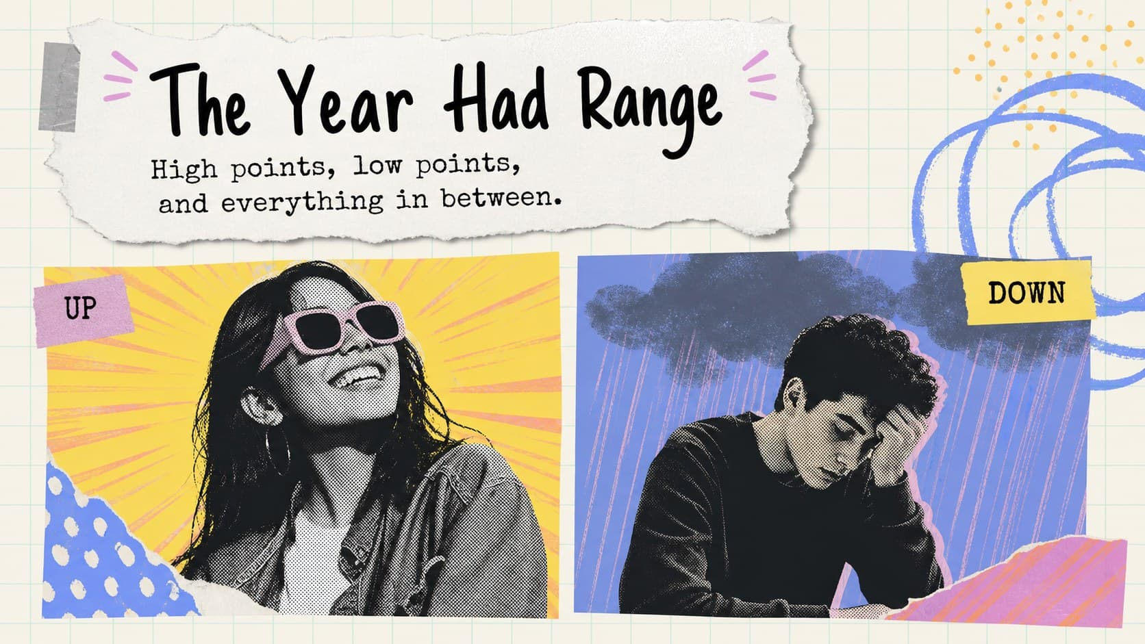 Annual reflection slide mapping the emotional highs and lows of a colorful collage slideshow.