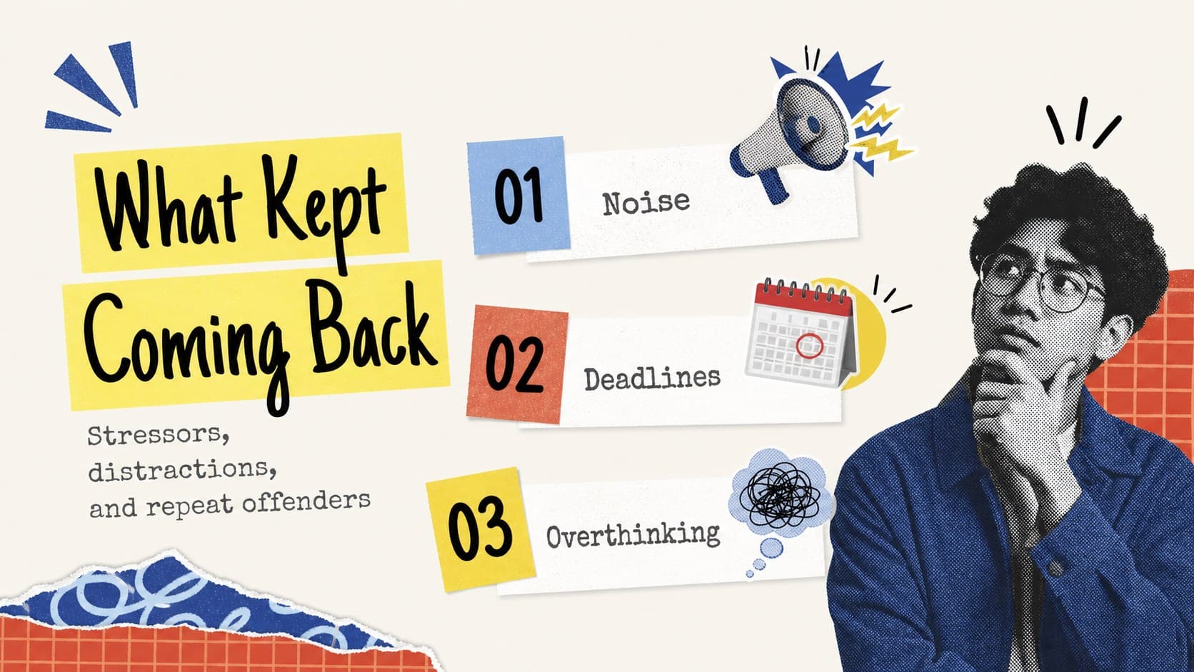 Personal reflection slides showing a visual breakdown of recurring stressors and difficult moments.