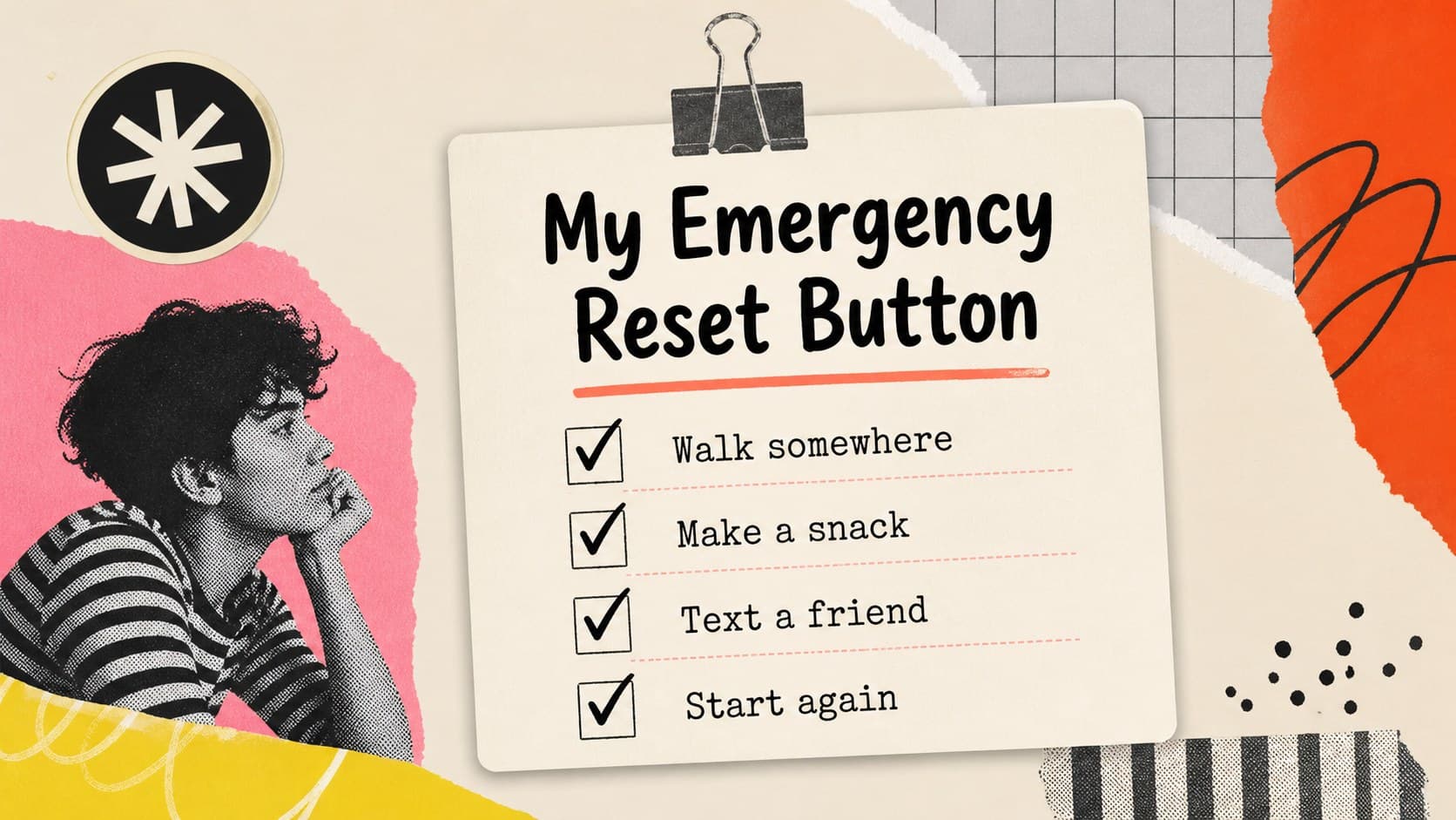 Humorous life recap slide featuring a colorful coping ritual checklist and collage-style labels.