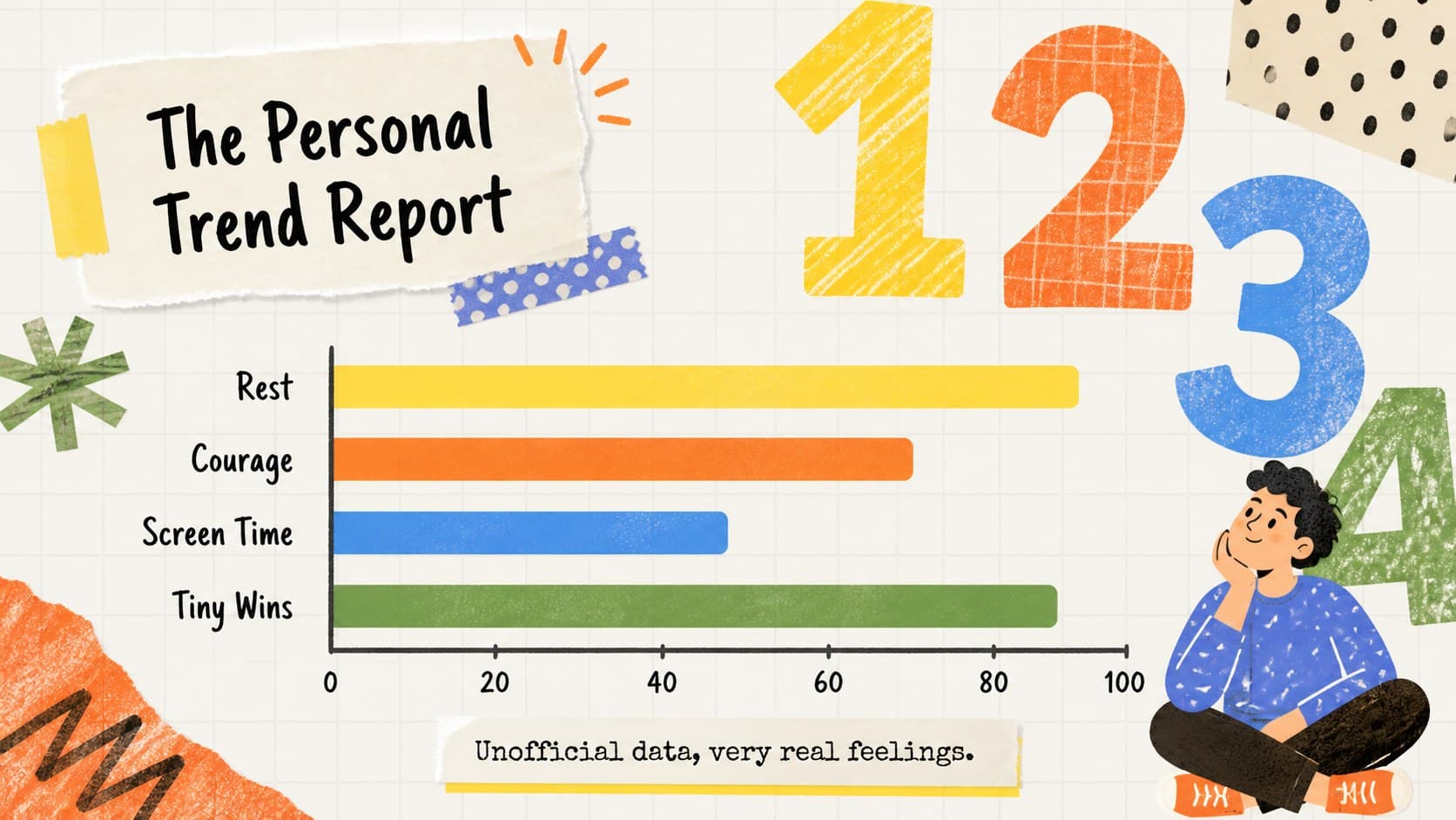 Creative year-end presentation slide visualizing personal trends with colorful bars and handwritten annotations.