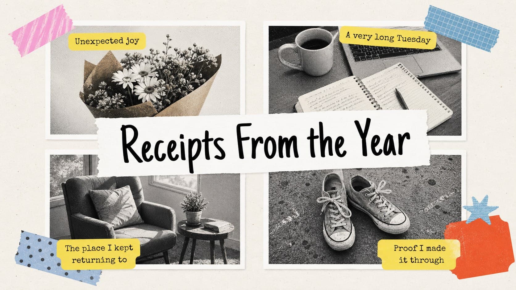 Colorful collage slideshow page collecting memorable moments from an honest annual reflection.