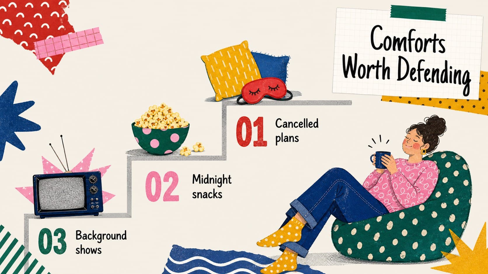 Personal reflection slides ranking favorite comforts and guilty pleasures in a playful collage layout.