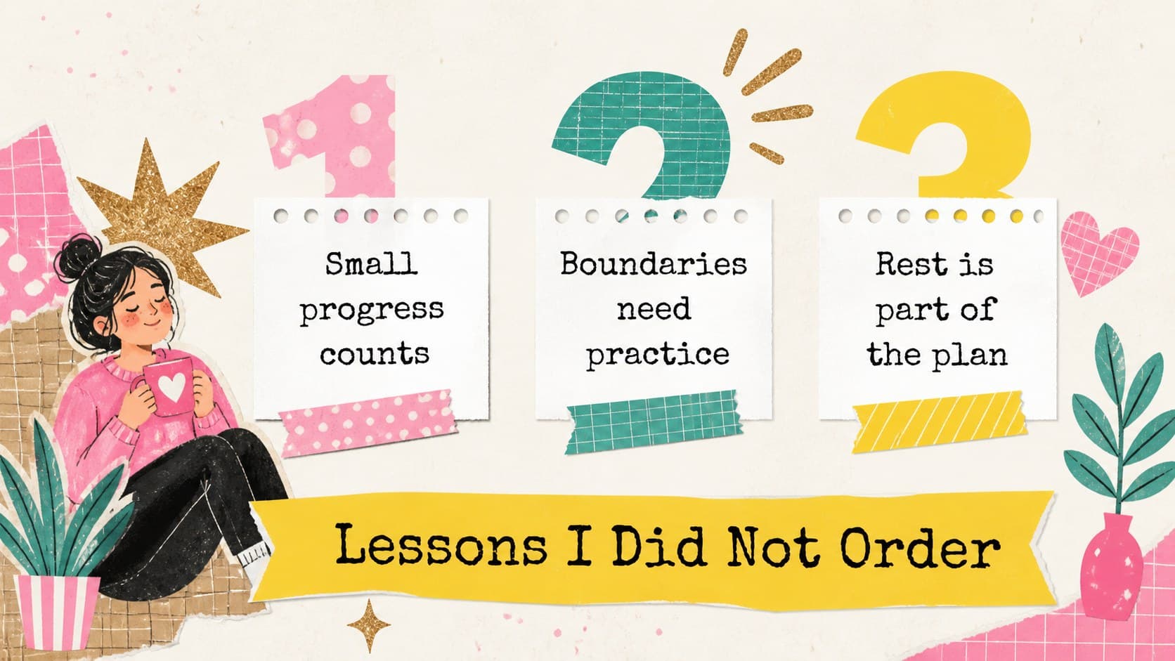 Humorous life recap slide presenting lessons learned through colorful notes and collage fragments.