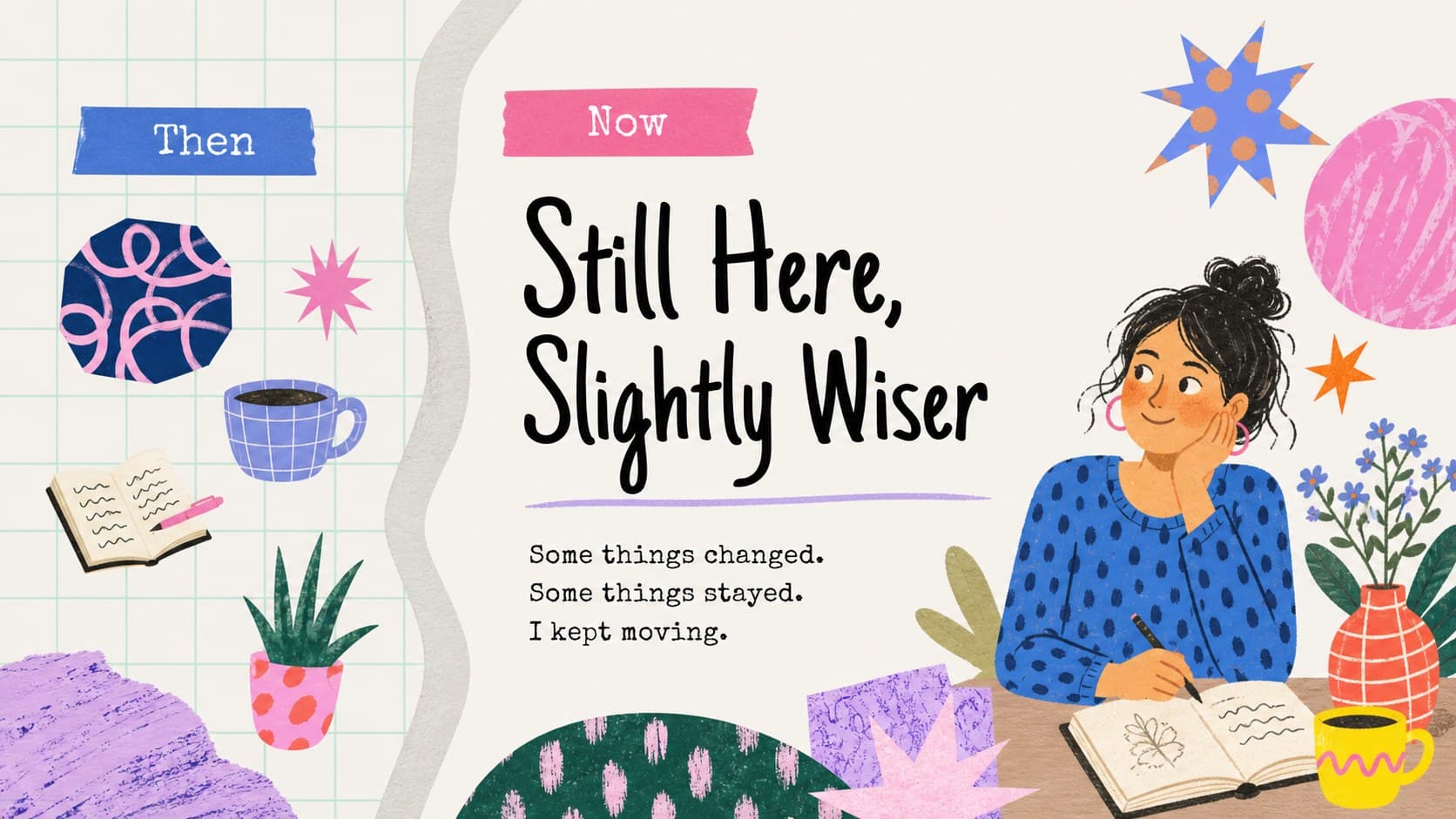 Creative year-end presentation slide turning personal challenges into a bright visual before-and-after story.