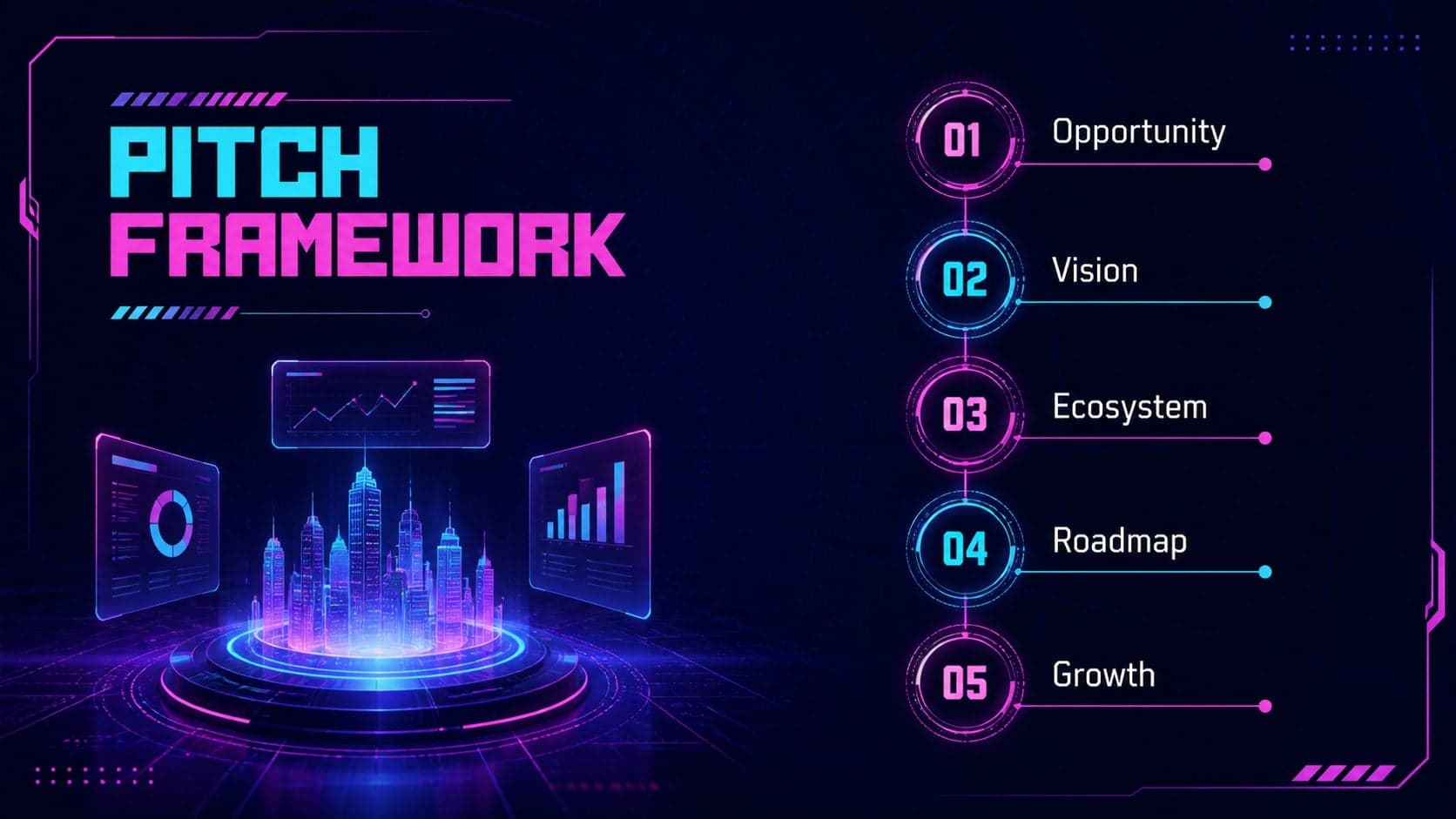 Cyberpunk agenda slide outlining sections of a metaverse startup investor presentation.