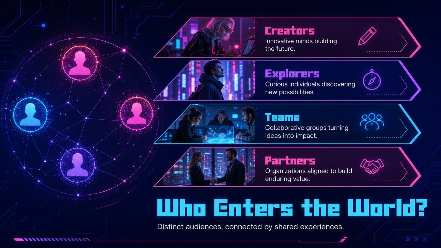 Virtual audience segments displayed in a blue and pink cyberpunk digital product presentation.