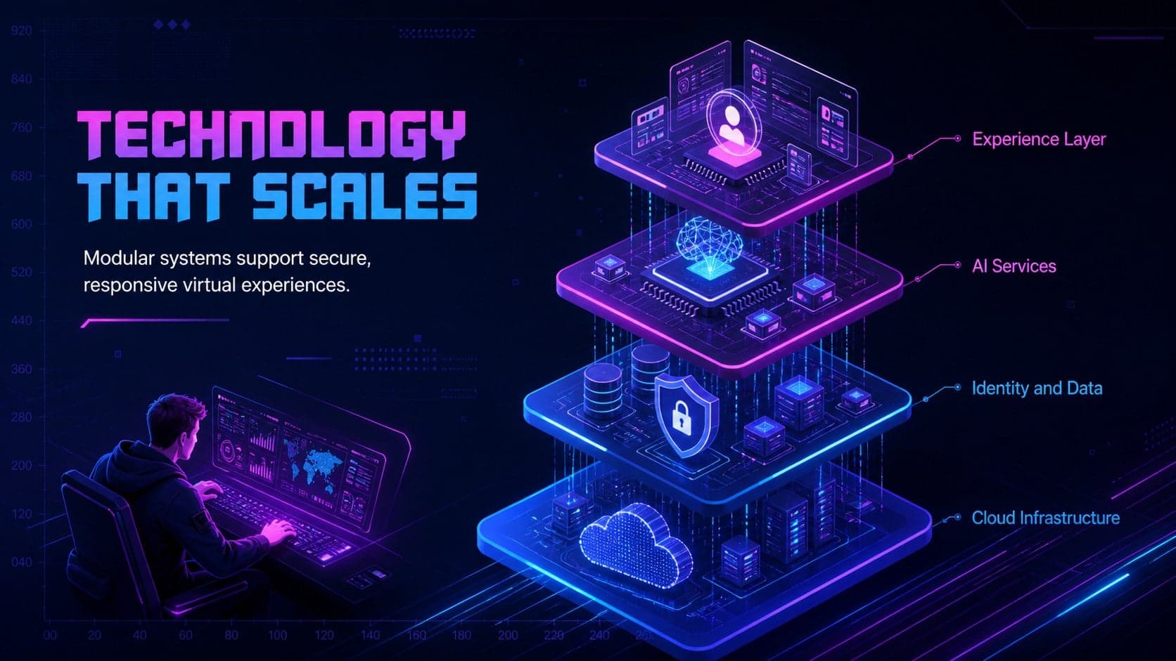 Technology stack diagram for a neon AI technology pitch deck.
