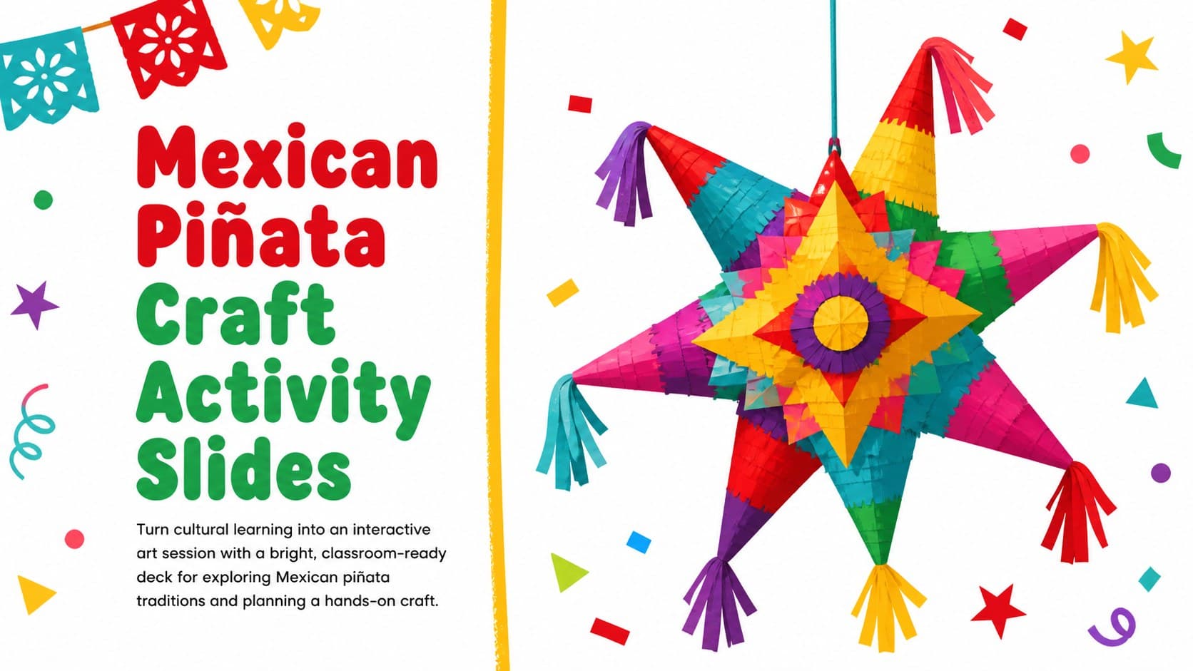 Colorful cover slide introducing Mexican piñata craft activity slides for a classroom cultural arts lesson.