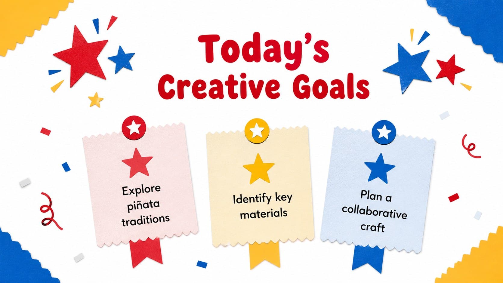Lesson overview slide showing learning goals for a Mexican piñata craft activity.