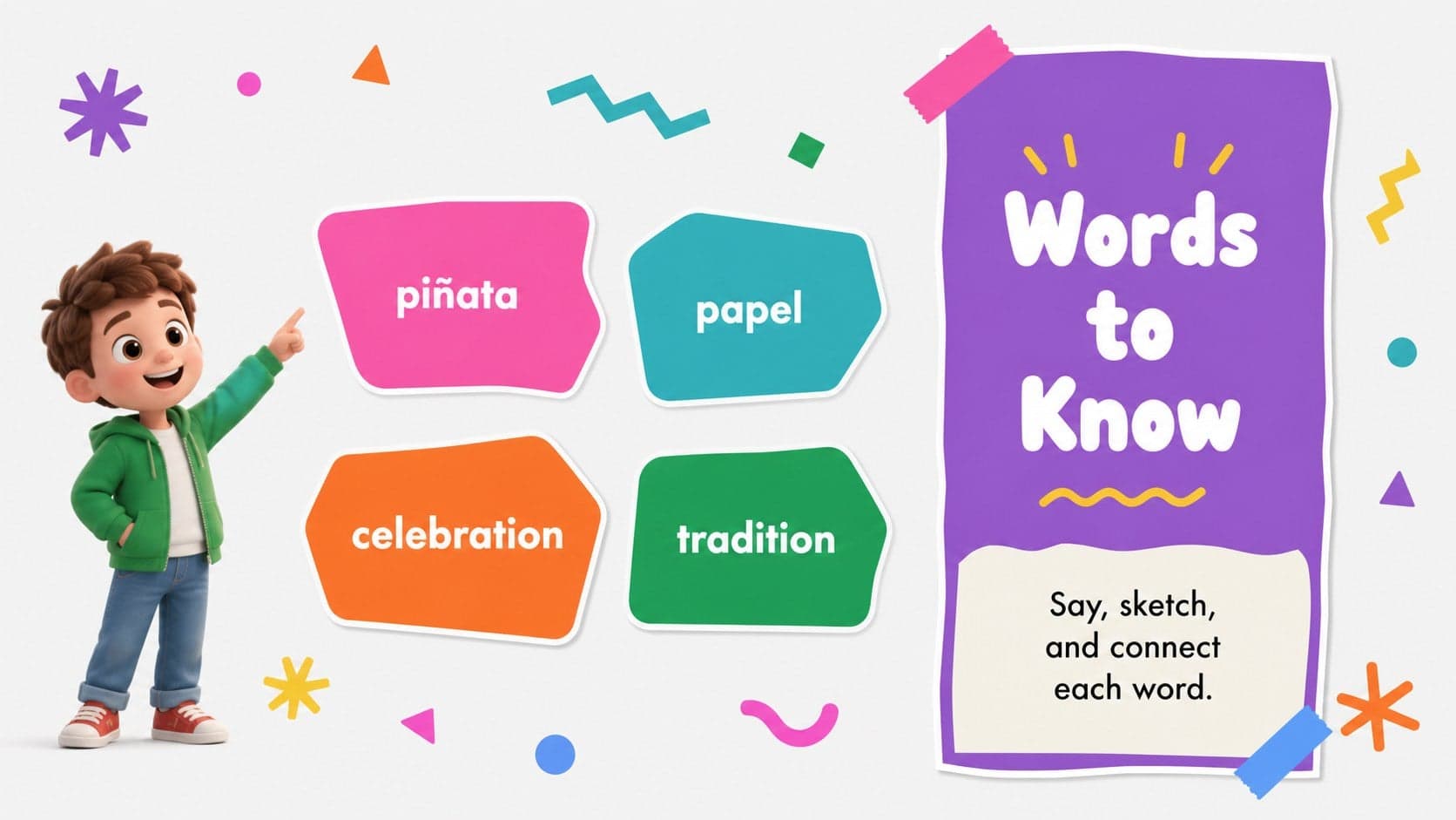 Vocabulary slide featuring key terms for a Mexican cultural arts activity.