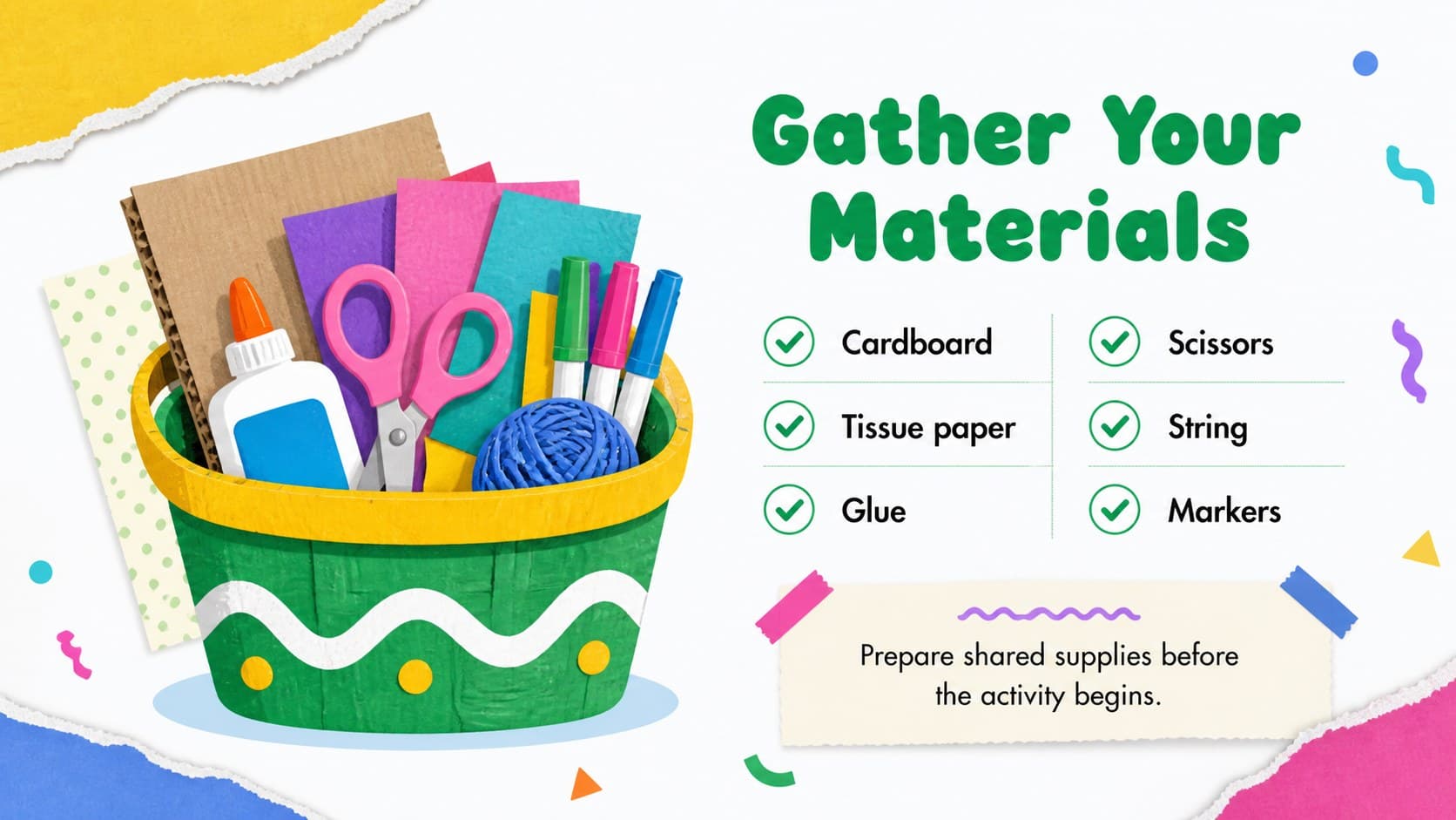 Materials checklist slide for preparing a hands-on piñata craft lesson.