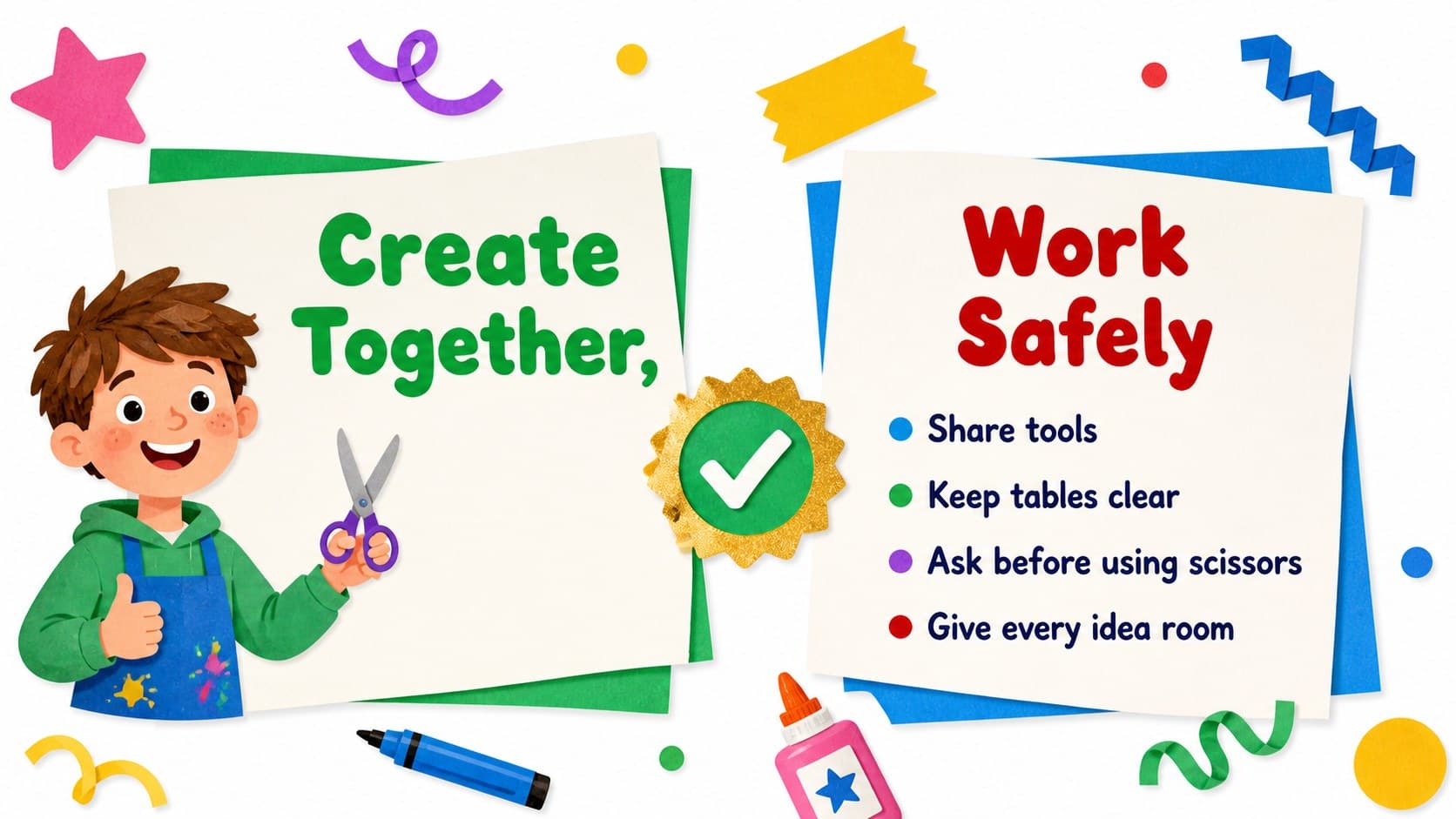 Safety and teamwork slide for organizing a collaborative cultural craft workshop.