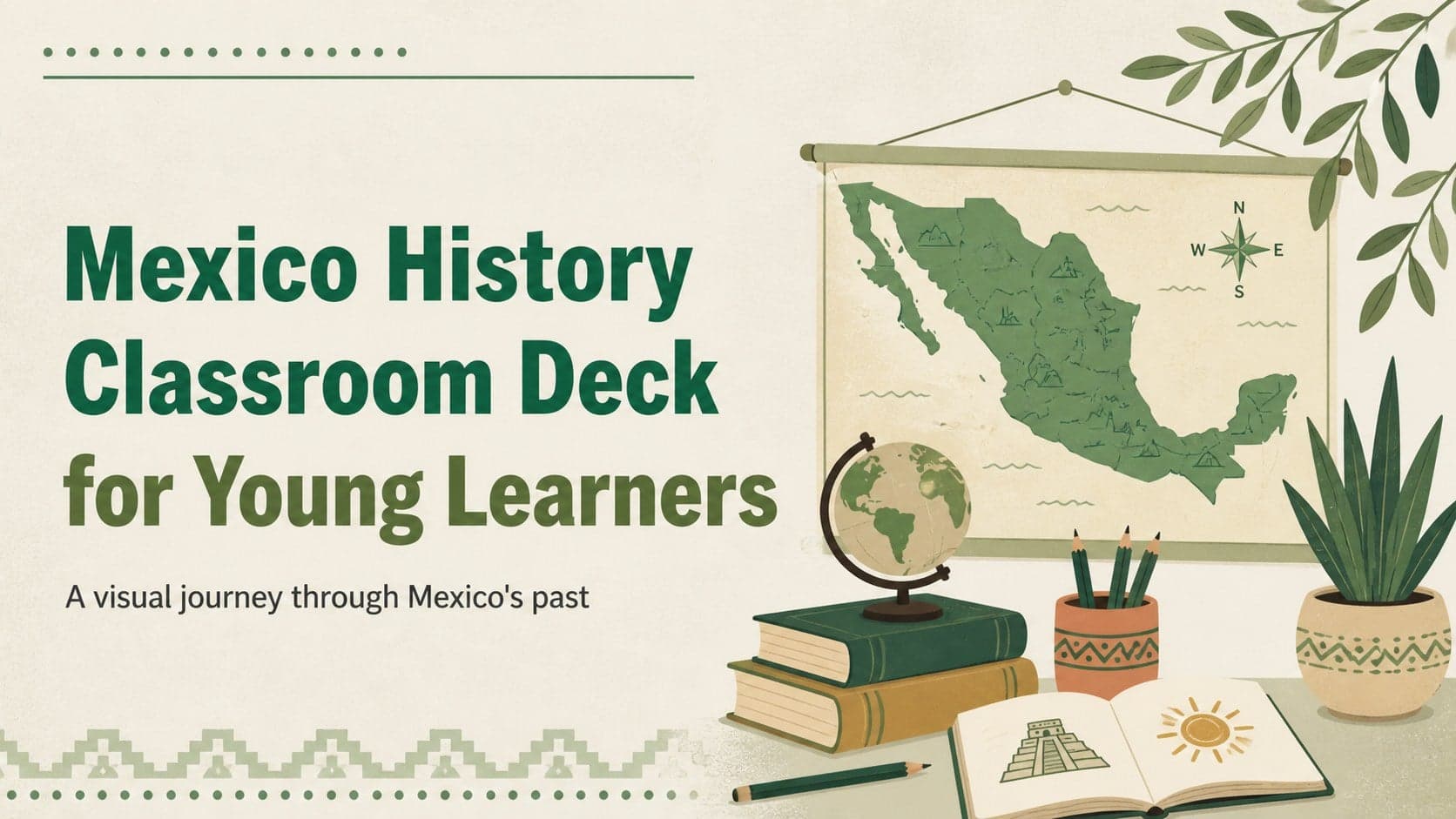 Cover slide for a Mexico history classroom deck with an illustrated green-gray educational composition.