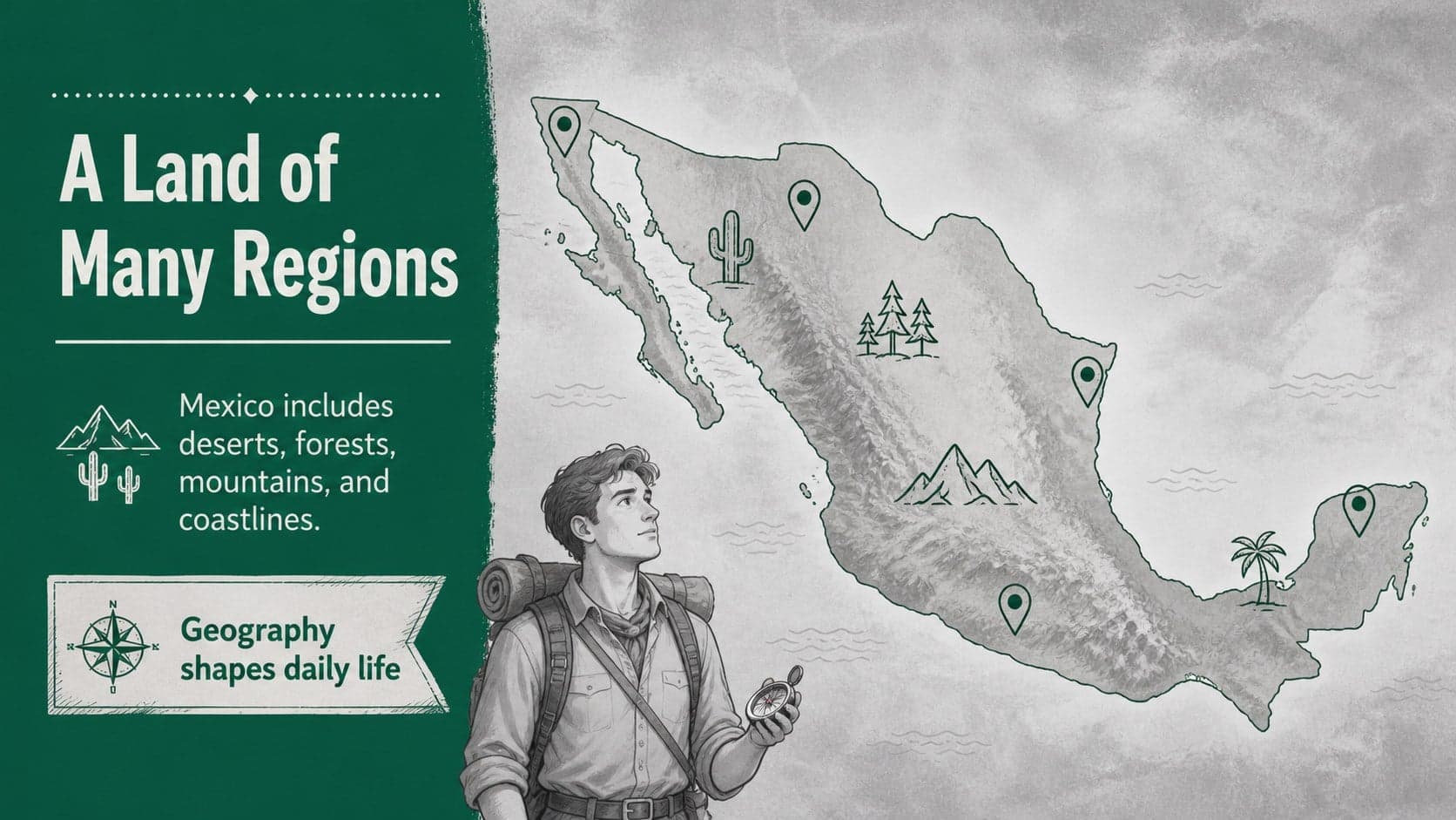 Illustrated Mexico map slide for an elementary social studies presentation.